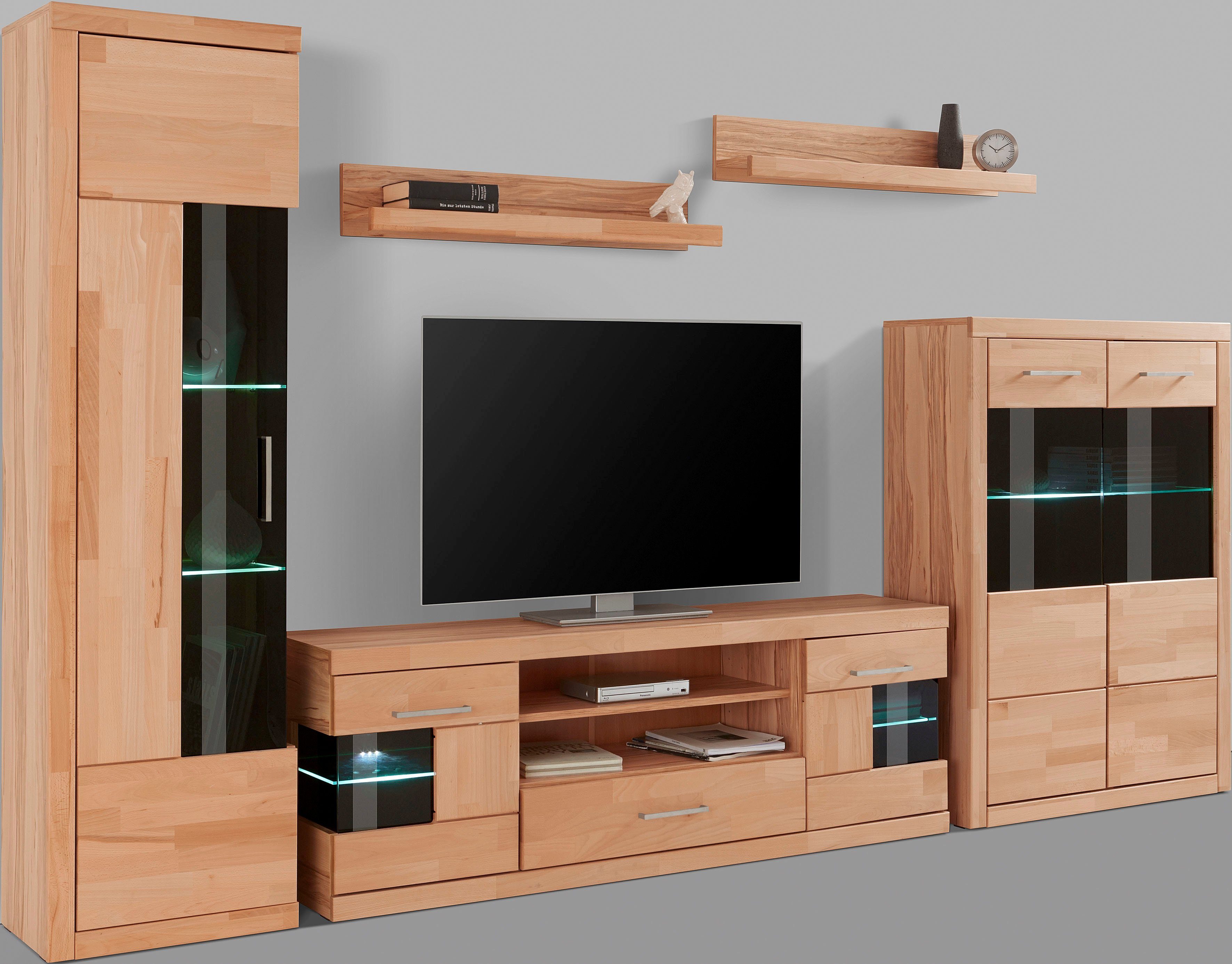 OTTO home Wohnwand Ribe: 5teilig, Breite: 300cm,Fronten aus Massivholz,Korpus aus Melamin, (Set, 5-St), B/T/H:300/35/180cm, Einlegeböden teilweise verstellbar