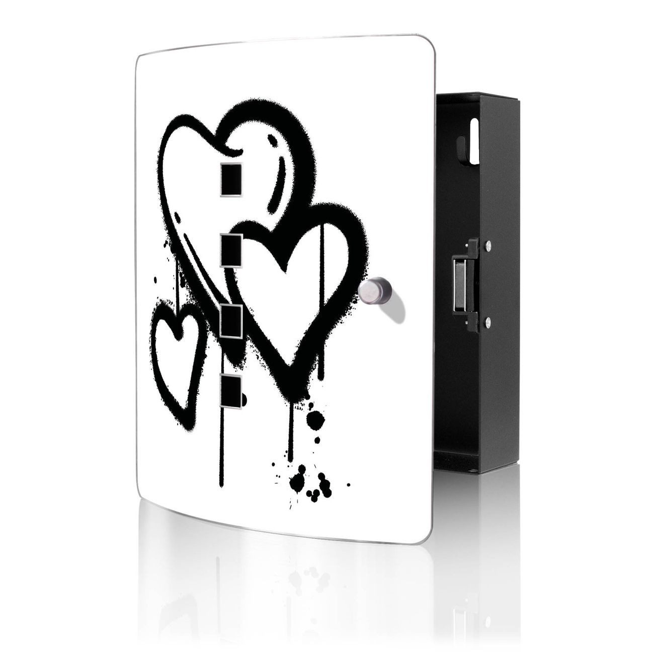 banjado Schlüsselkasten Edelstahl mit Motiv Herzen Graffiti (verstellbarer Magnetverschluss, mit 10 Haken, gebogene Tür, einstellbarer Magnet), 24 x 21,5 x 7 cm