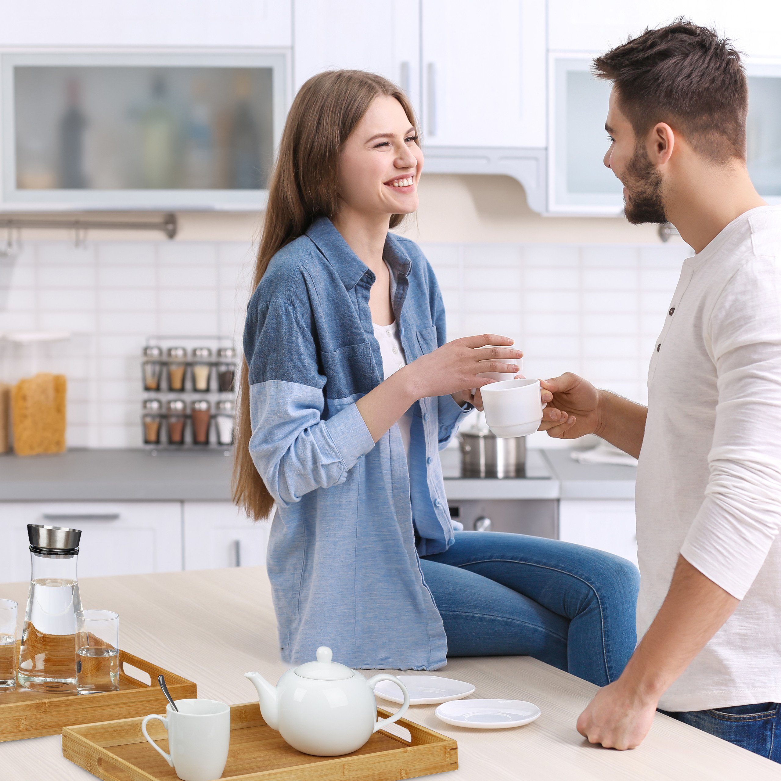 relaxdays Dekotablett Serviertablett 2er-Set Bambus