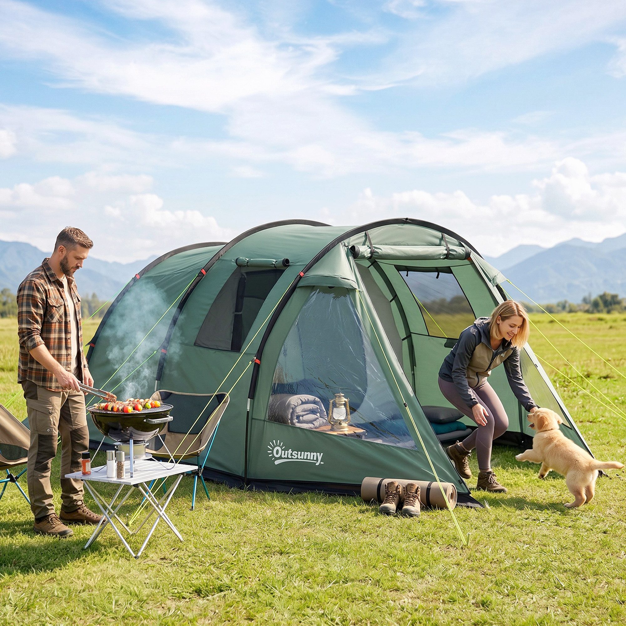 Outsunny Kuppelzelt Campingzelt mit Zwei Räumen, Personen: 4 (Campingzelt, 1 tlg., Tunnelzelt), für Garten, Balkon, Grün
