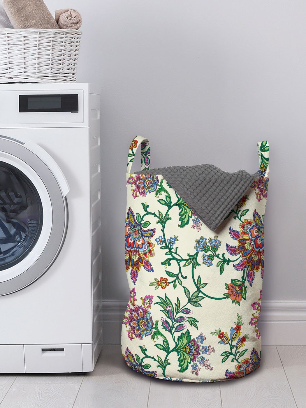 Wäschekorb Abakuhaus Bohemien Farbenfrohe für Waschsalons, Griffen Blumen Kordelzugverschluss Wäschesäckchen mit