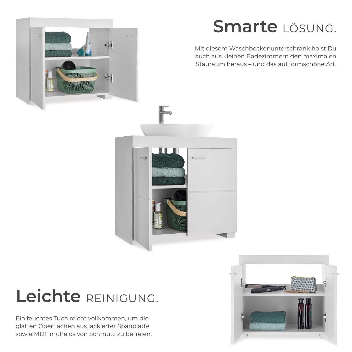 tectake Waschbeckenunterschrank Badezimmerschrank ohne Waschbecken, Belastbarkeit 35kg, 60 x 35 x (Badezimmer Unterschrank Idris, in weiß) 2 geräumige Fächer, S – Bild 4 von 5