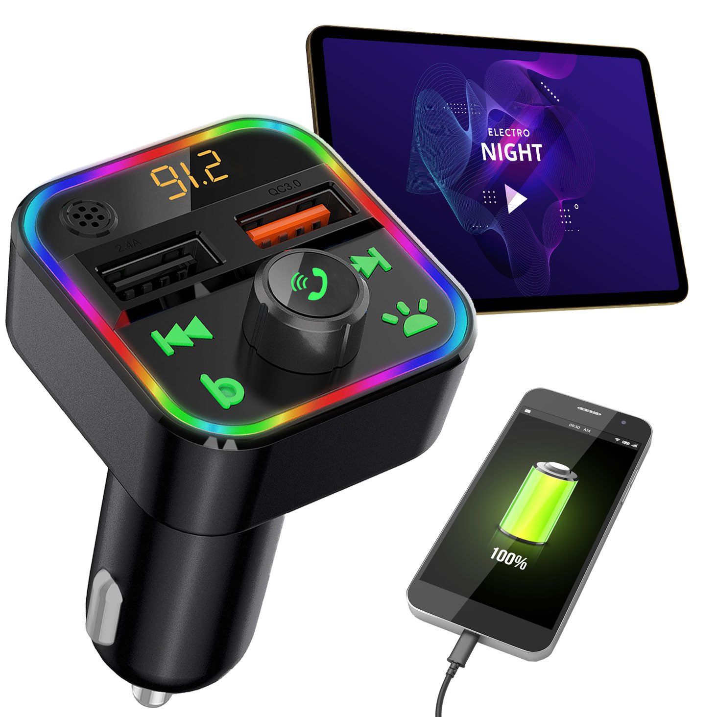 Casativo FM Transmitter mit Bluetooth 5 USB-A Ladeports & Freisprechfunktion KFZ-Transmitter, USB/SD Musik, MP3/FLAC, Bassboost, LED, 12/24V, Auto-Off