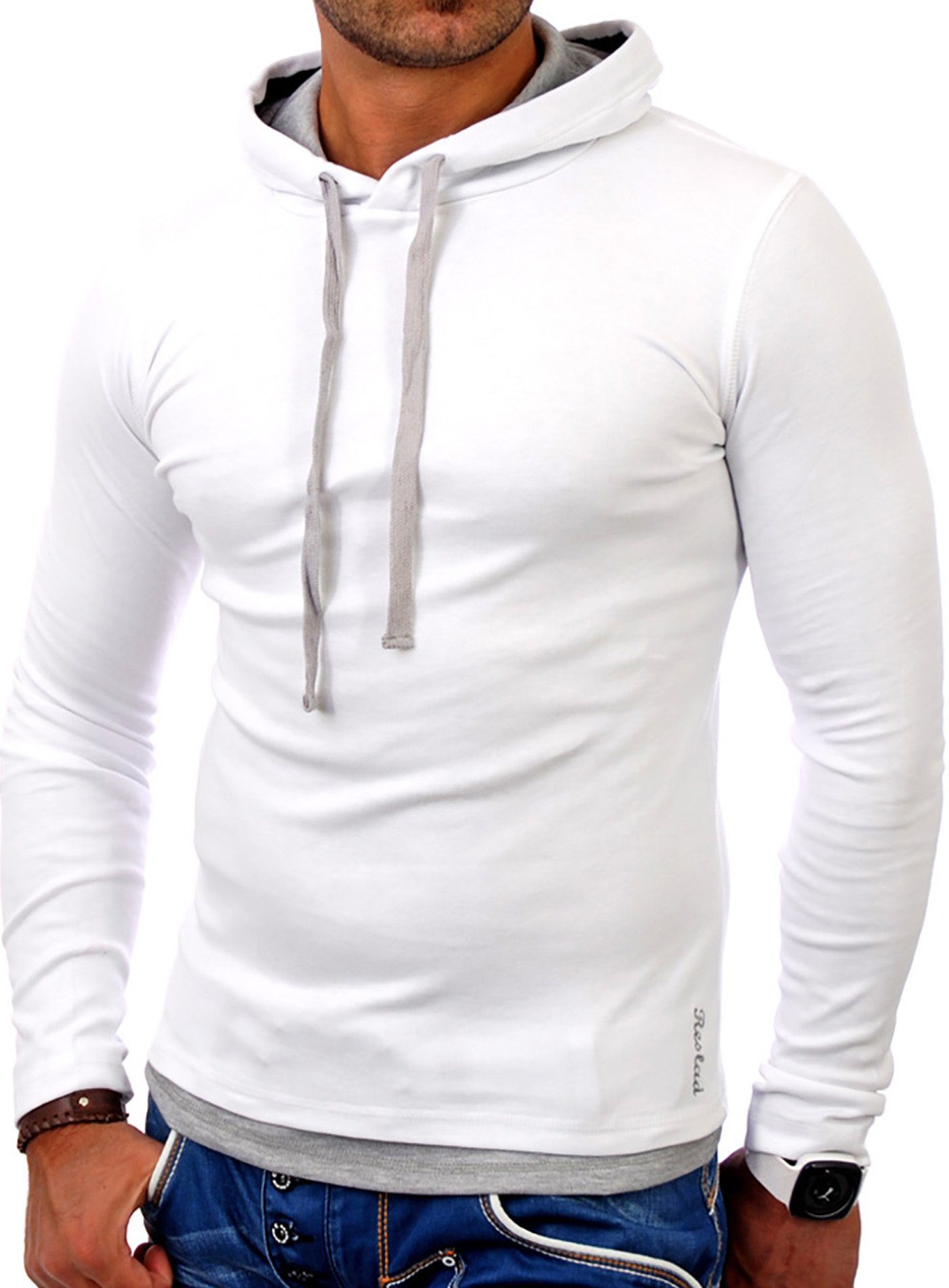 Reslad Sweatshirt Reslad Herren Kapuzen Sweatshirt RS-1003 (1-tlg) Kapuzensweatshirt Layer-Look weiß-grau