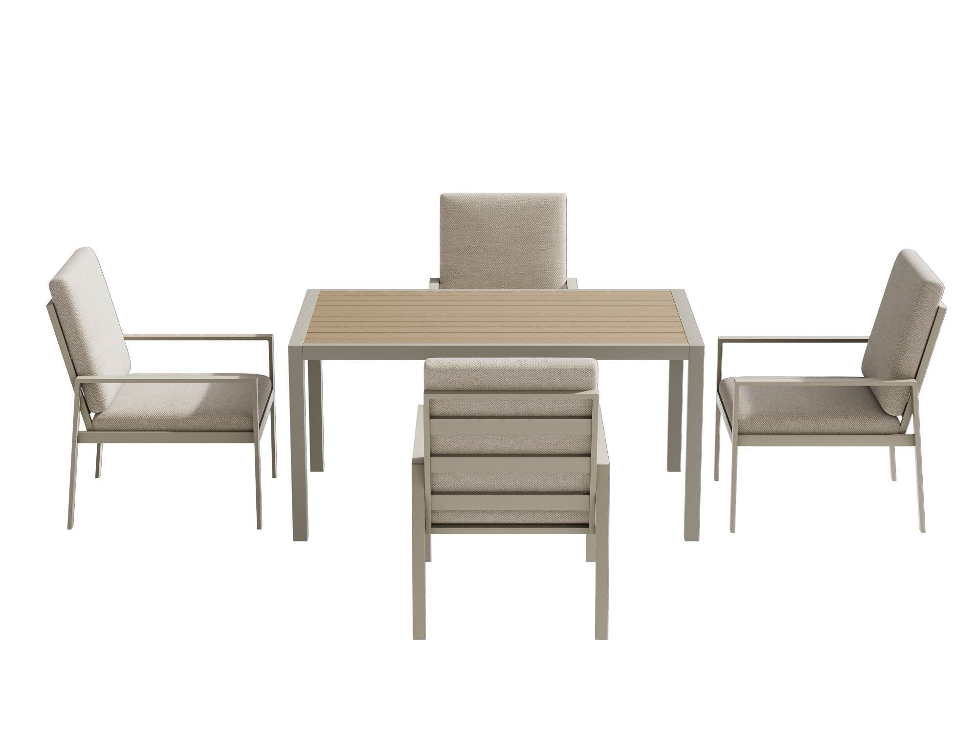 MeXo Gartenlounge-Set Lounge Gartenmöbelset Aluminium Wetterfest, (Garten Essgruppe für 4 Personen, 5-tlg., 4 Sessel, Esstisch 140x80x70 cm), 85 cm Rückenlehne, hoher Sitzkomfort