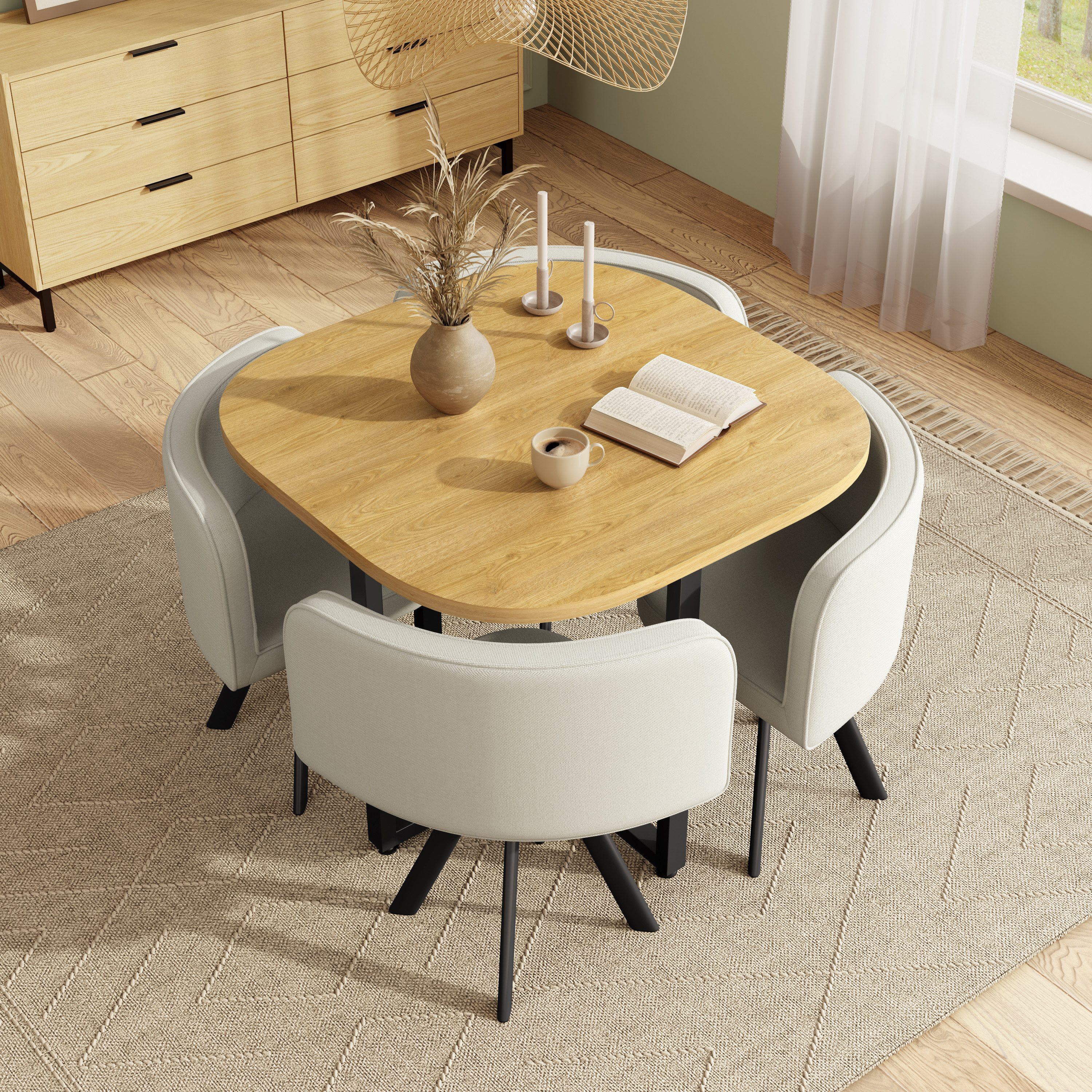 Flieks Essgruppe Esstisch mit 4 Stühlen, (Set, 5-tlg., Tisch mit 4 Stühlen), quadratisch Küchentisch in Eichenfarbe, Esszimmerstühle Leinen Beige
