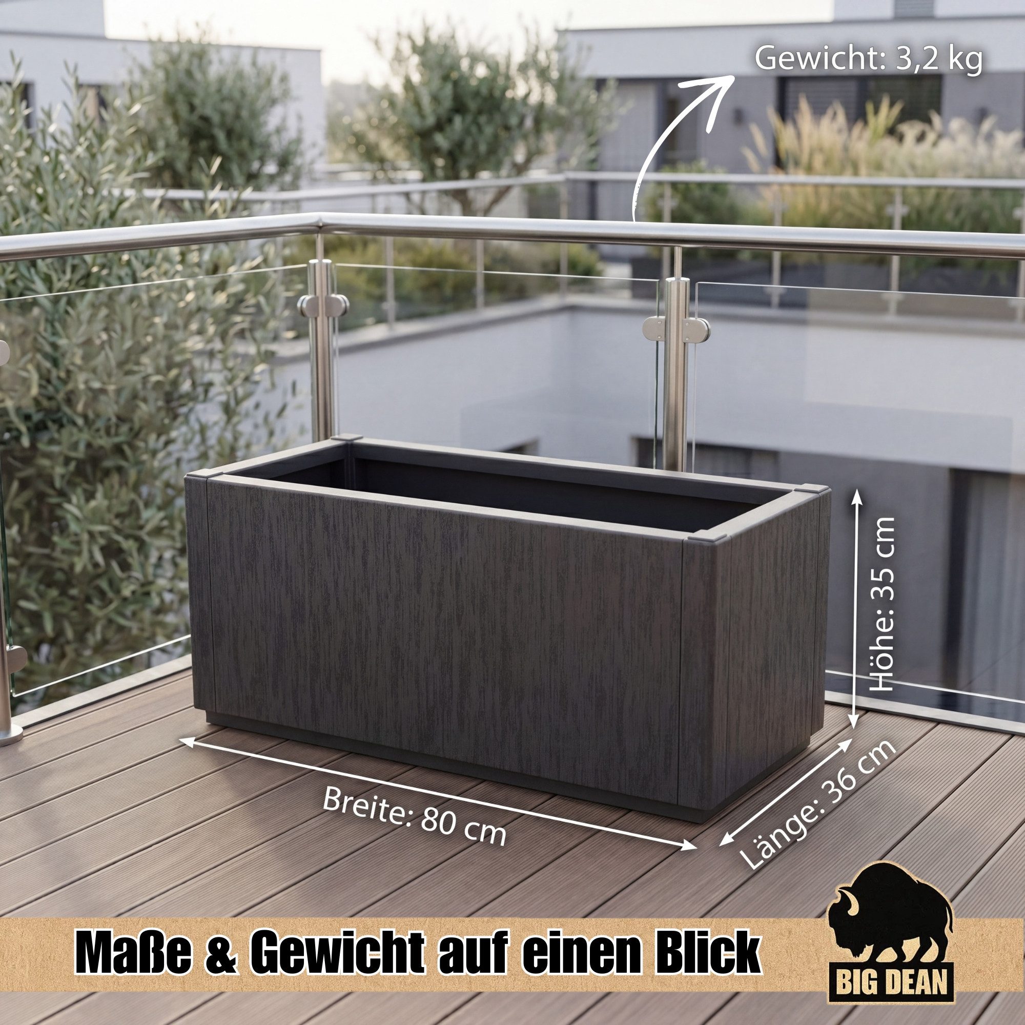 BigDean Pflanzkübel Blumenkasten Ablaufboden Winterfest Pflanzkübel Übertopf (Packung, 1 St., Pflanzkübel), UV und Wetter Fest, Pflegeleicht