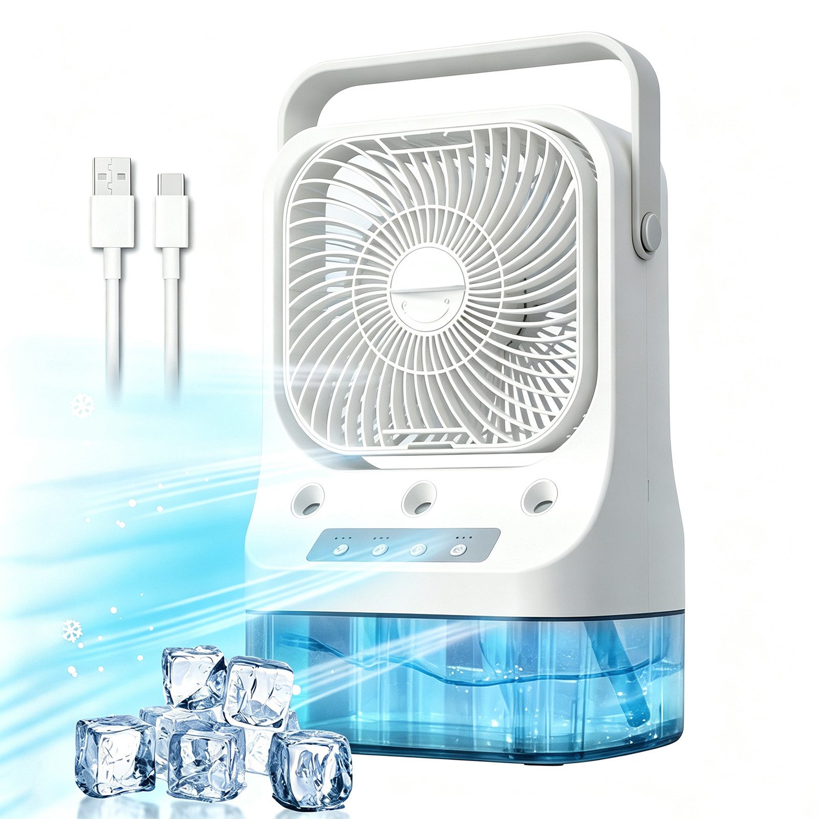 MOPUEA Ventilatorkombigerät 4-in-1 Mini Klimagerät mit Sprühnebel mit 900ml Tank & 7 Farben Licht, 3 Windstufen, 3 Sprühmodi, 7 Farben, Timer