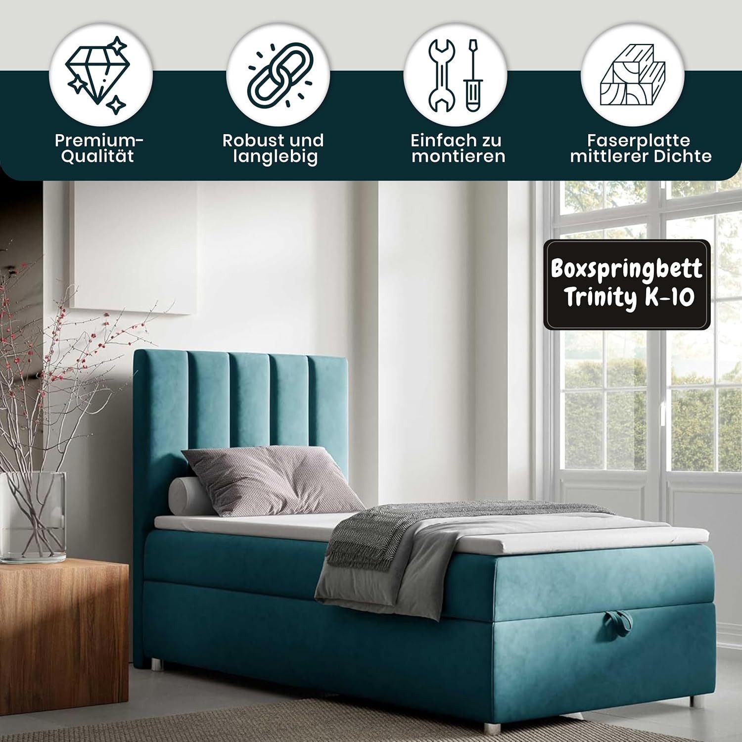 Best for Home Boxspringbett Trinity K10 SINGLE mit Bettkasten & Bonellfederkern, Komfort Topper H3 (Einzelbett, Polsterbett gepolstertes Kopfteil, Jugendbett, Kinderbett versch. Größen, 70x200 80x200 90x200 100x200 cm), mit oder ohne Topper, Flexible Liefermöglichkeiten, Handwerksqualität