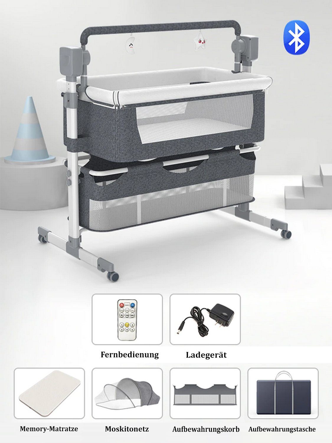 TPFFamily Beistellbett Babybett Babywiege mit Soundsystem und automatischer Wiegefunktion, Babybett Reisebett mit Soundsystem und automatischer Wiegefunktion