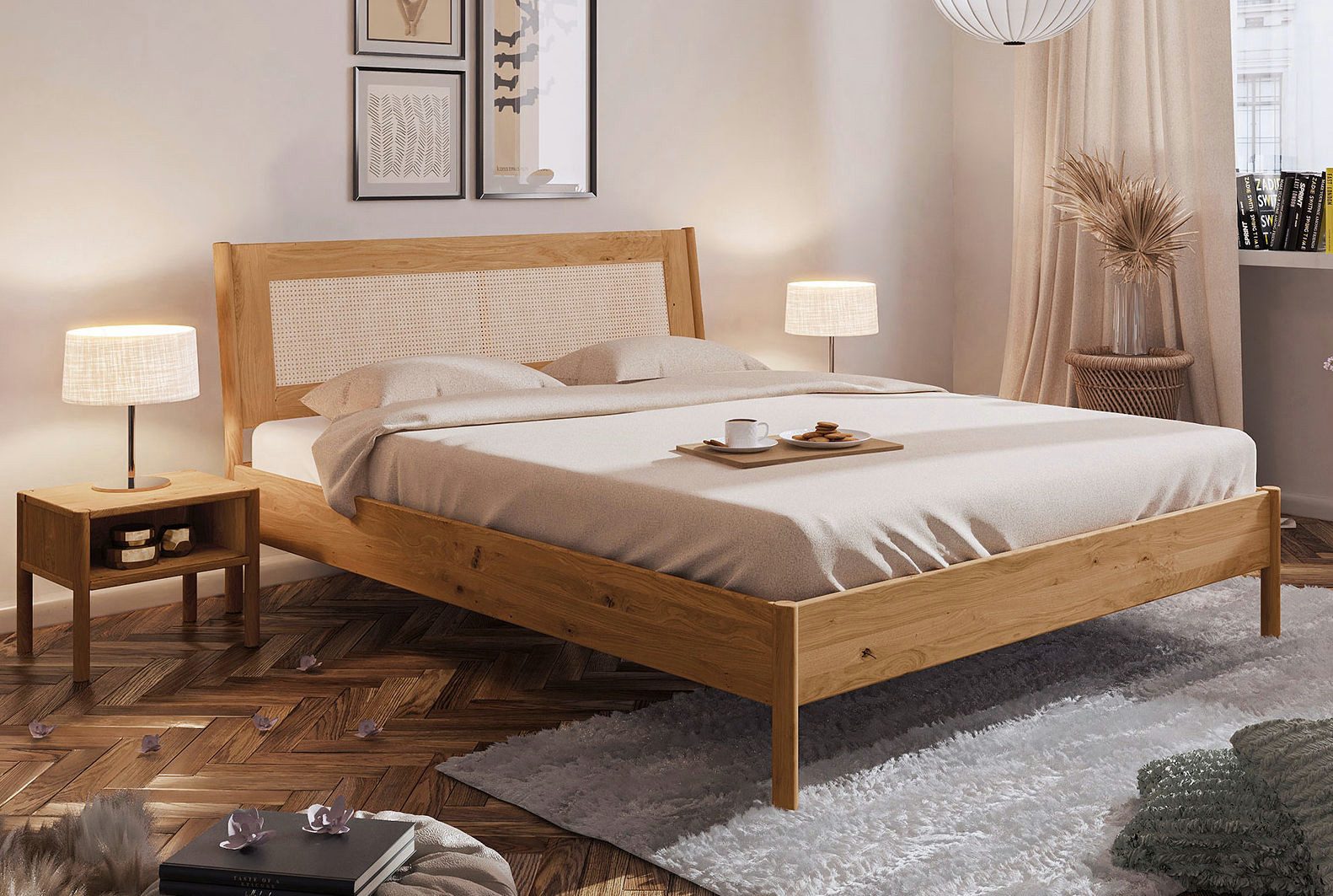Empinio24 Massivholzbett Paris, mit Rattan-Kopfteil aus Wiener Geflecht, in 4 Größen, Eiche massiv