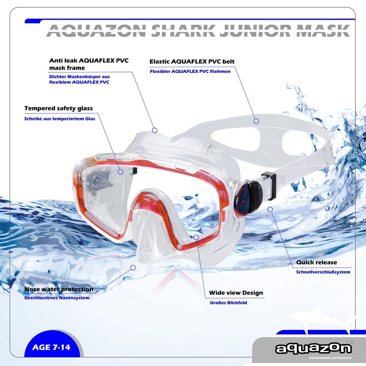 Taucherbrille 7-12 AQUAZON Schnorchelbrille SHARK, transparent Kinder für Jahre rot