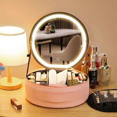 TWSOUL Kosmetiktasche Runde Kosmetiktasche, mit Spiegel und LED-Licht, Verstellbare Trennwand, Drei Farbtemperaturen einstellbar