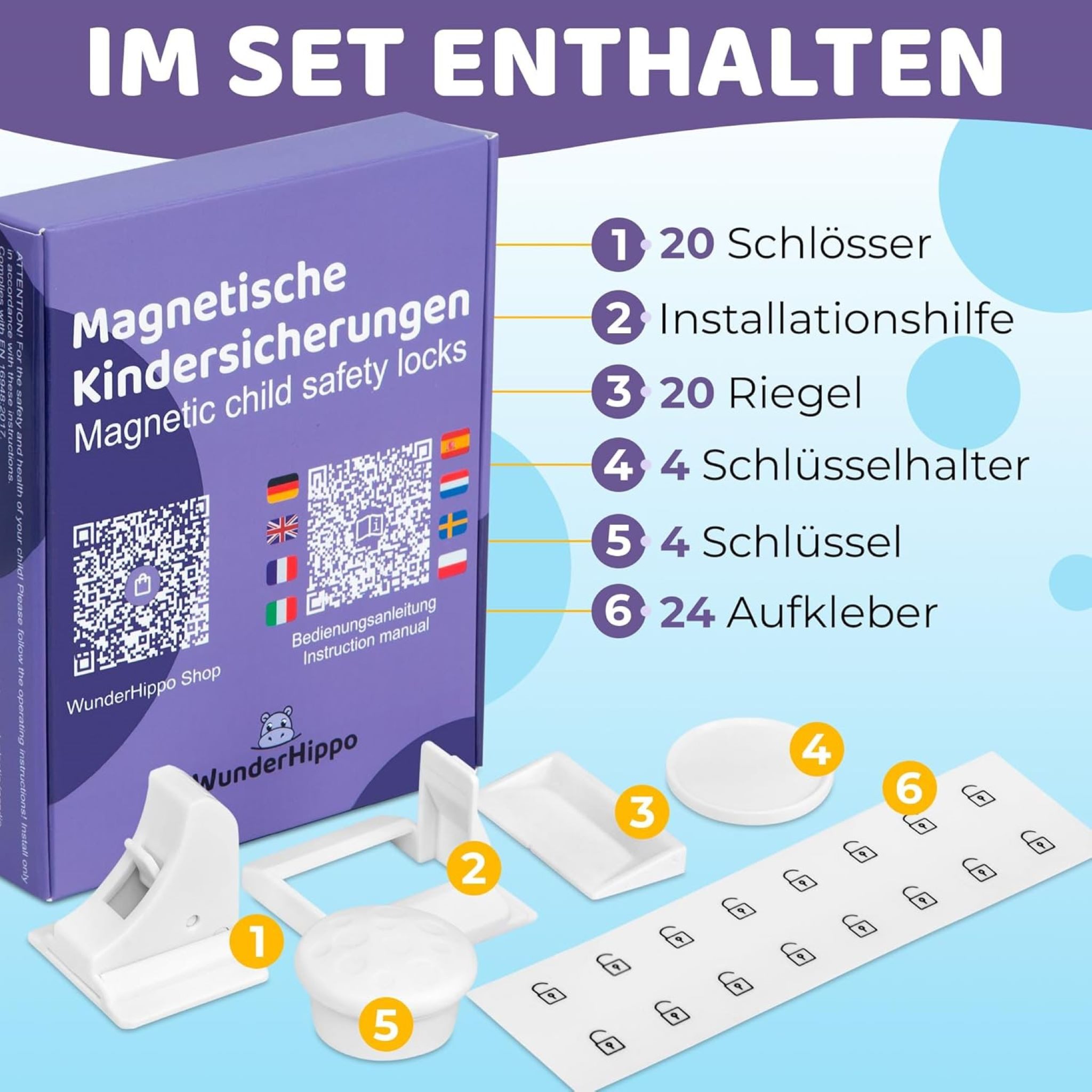 WunderHippo Kindersicherung Magnetische Kindersicherungen 12 Schlösser+3 Schlüssel, weiß – Bild 2 von 5