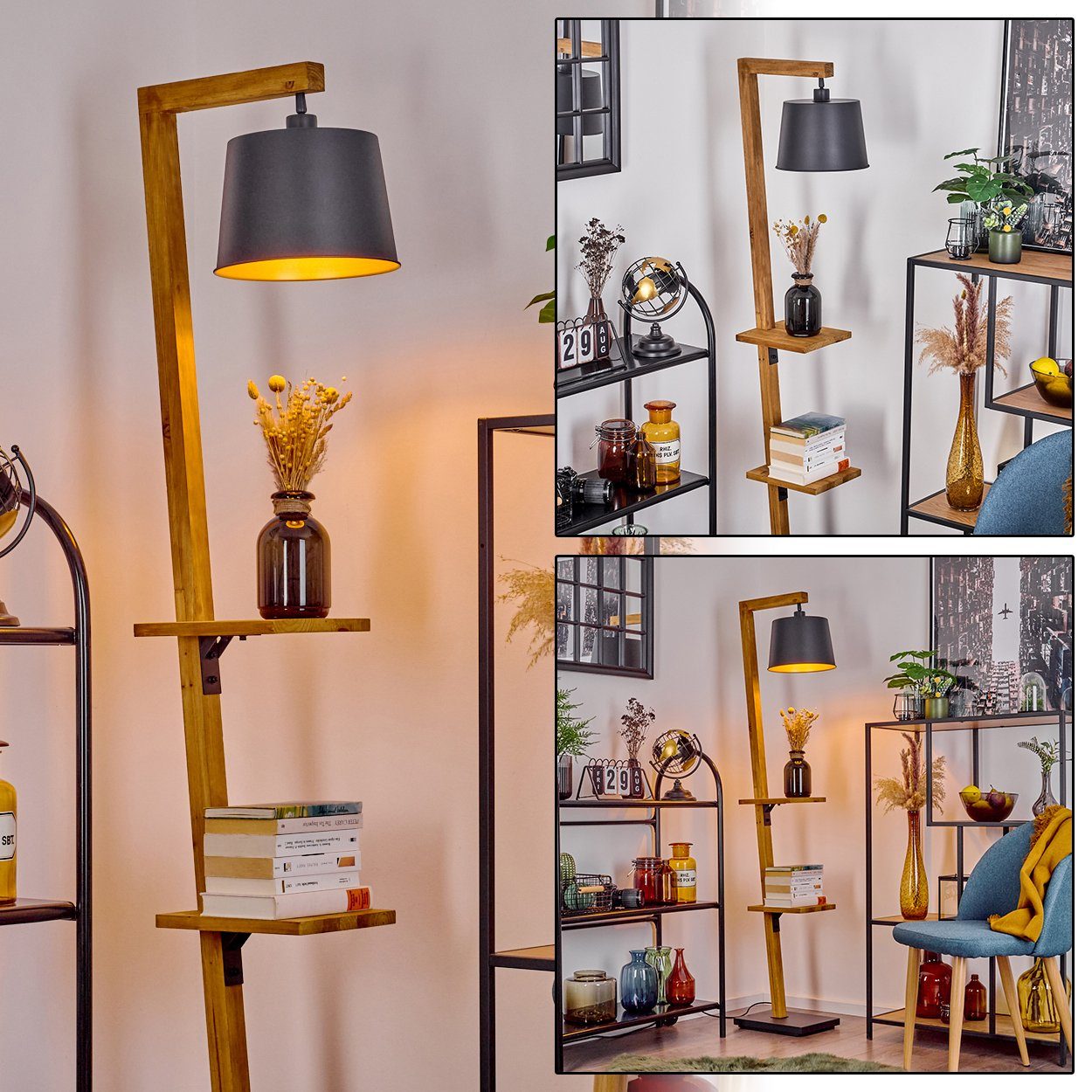 hofstein Stehlampe moderne Stehlampe aus Metall/Holz in Schwarz/Natur/Goldfarben, ohne Leuchtmittel, verstellbarer Schirm, Fußschalter, Ablageflächen, Höhe 164cm, 1x E27
