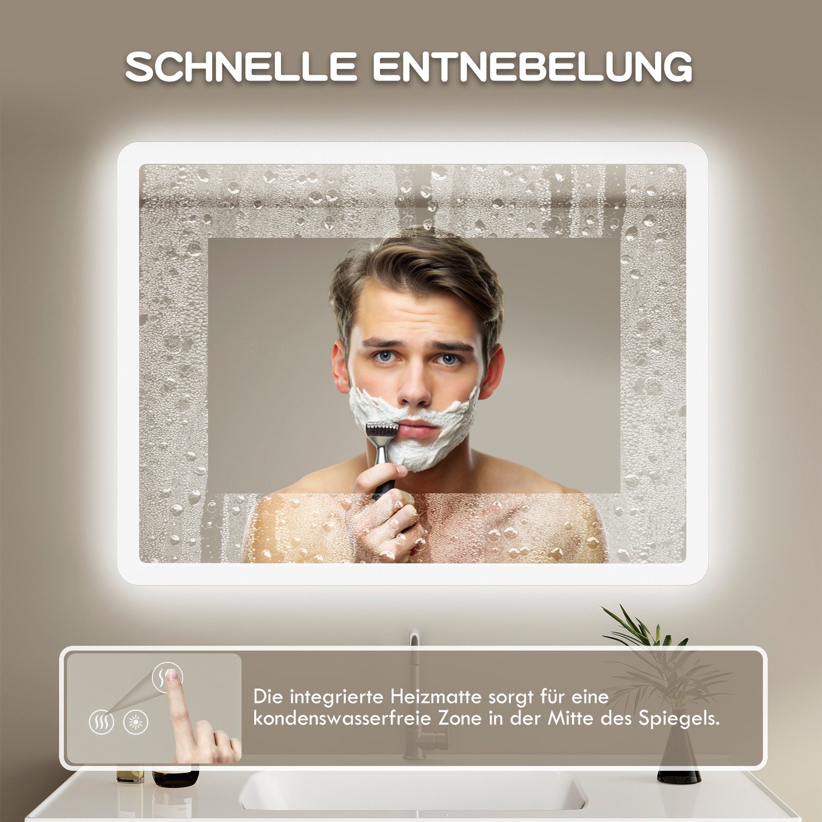 IMPTS Badspiegel Badezimmer Wand spiegel mit Beleuchtung Dimmbar-Funktion (Set, 3 Farben, IP44, Anti-Beschlag, Dimmbar, Vertikal/Horizontal Montage), Wandspiege – Bild 3 von 5