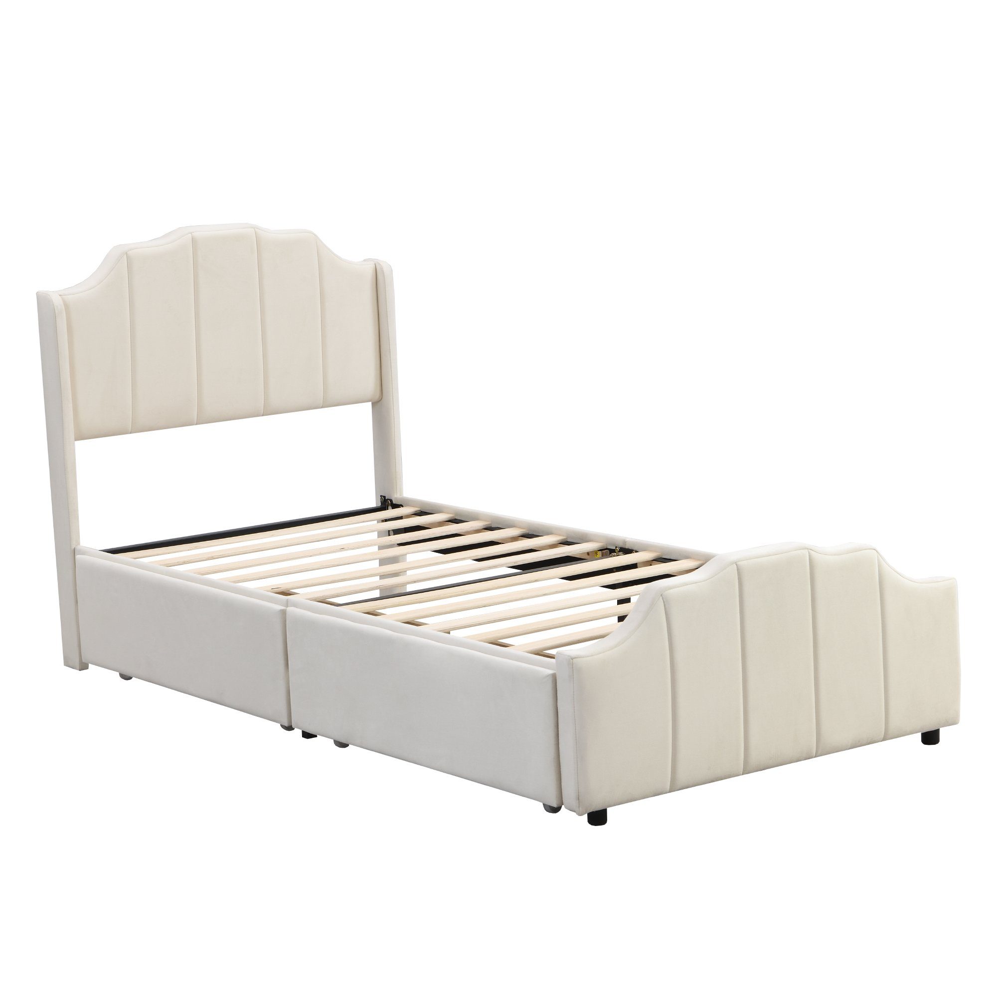 Polsterbett (Kinderbett), Einzelbett 90x200cm mit 2 Schubladen & Lattenrost, weicher Samt-Bezug