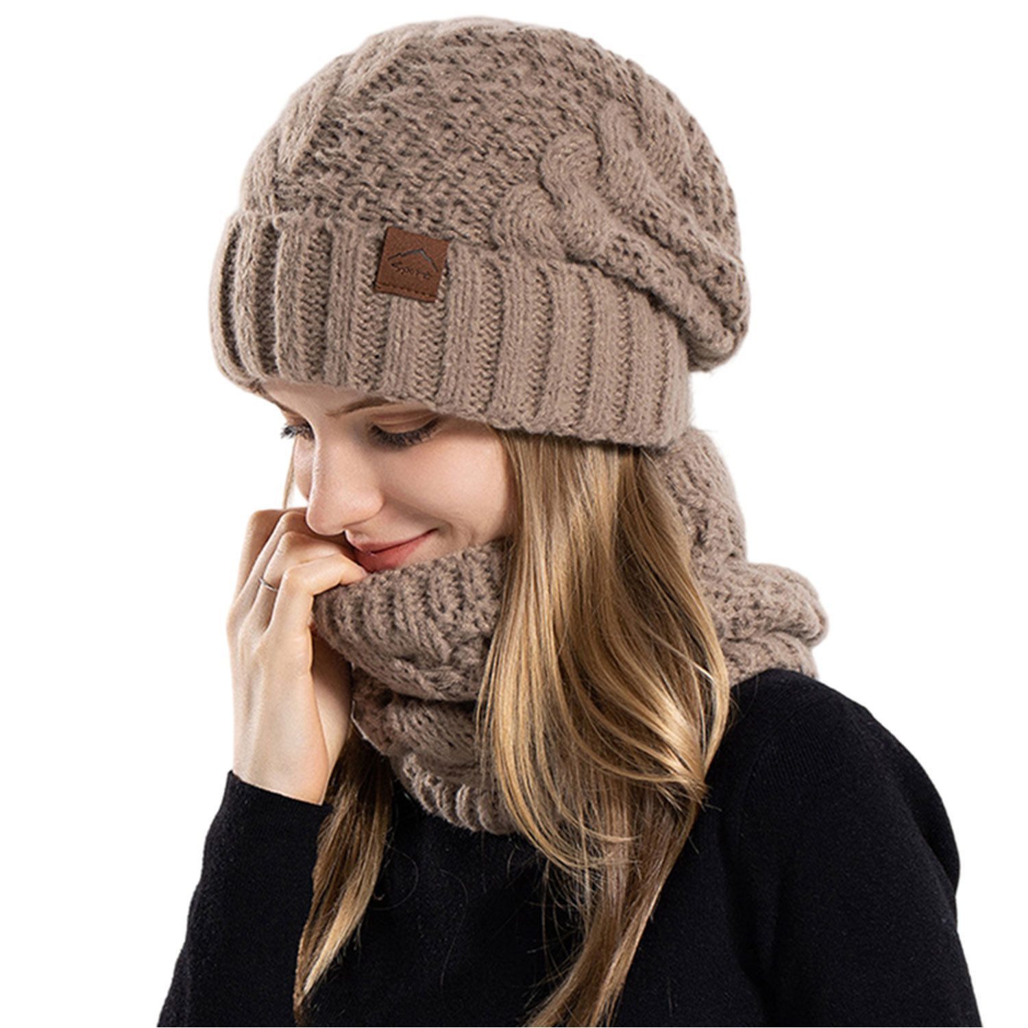 Refttenw Strickmütze Damen Warm Strickmütze&Schal Set,Kälteschutz,Plüsch günstig online kaufen