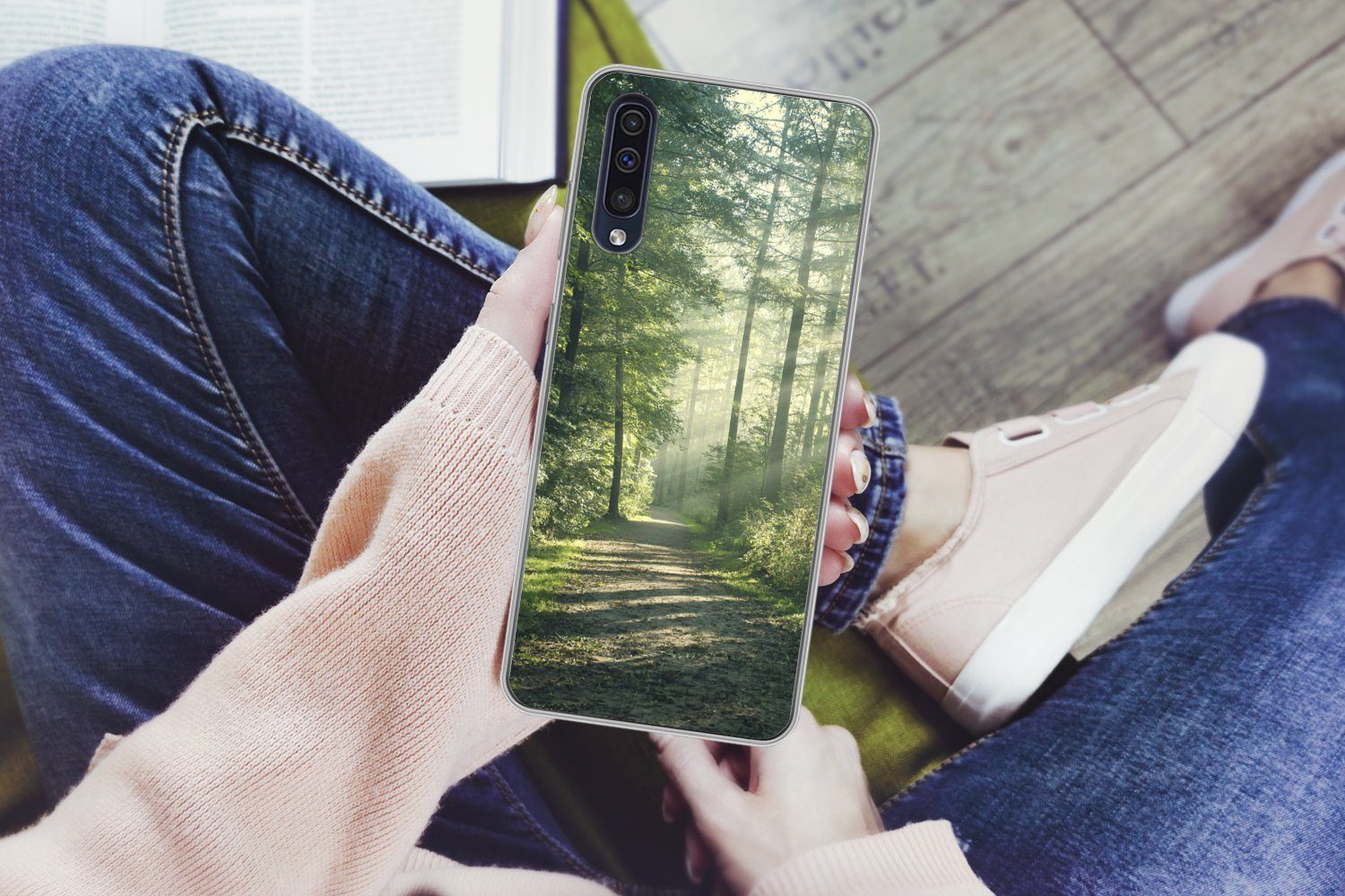 MuchoWow Handyhülle für Samsung Galaxy A30s Wald - Weg - Sonne - Bäume - Grün - Natur, Smartphone-Bumper, Print, Handy Schutzhülle Dünn