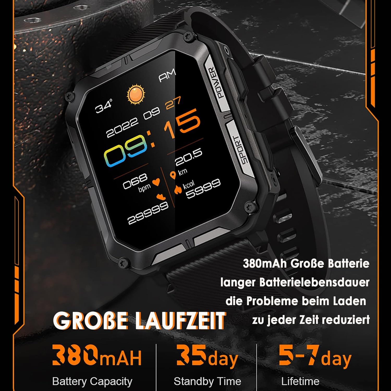 findtime Smartwatch (4,5 cm, android ios), Herren Outdoor Smartwatch mit 1.83" HD Display, Telefonfunktion