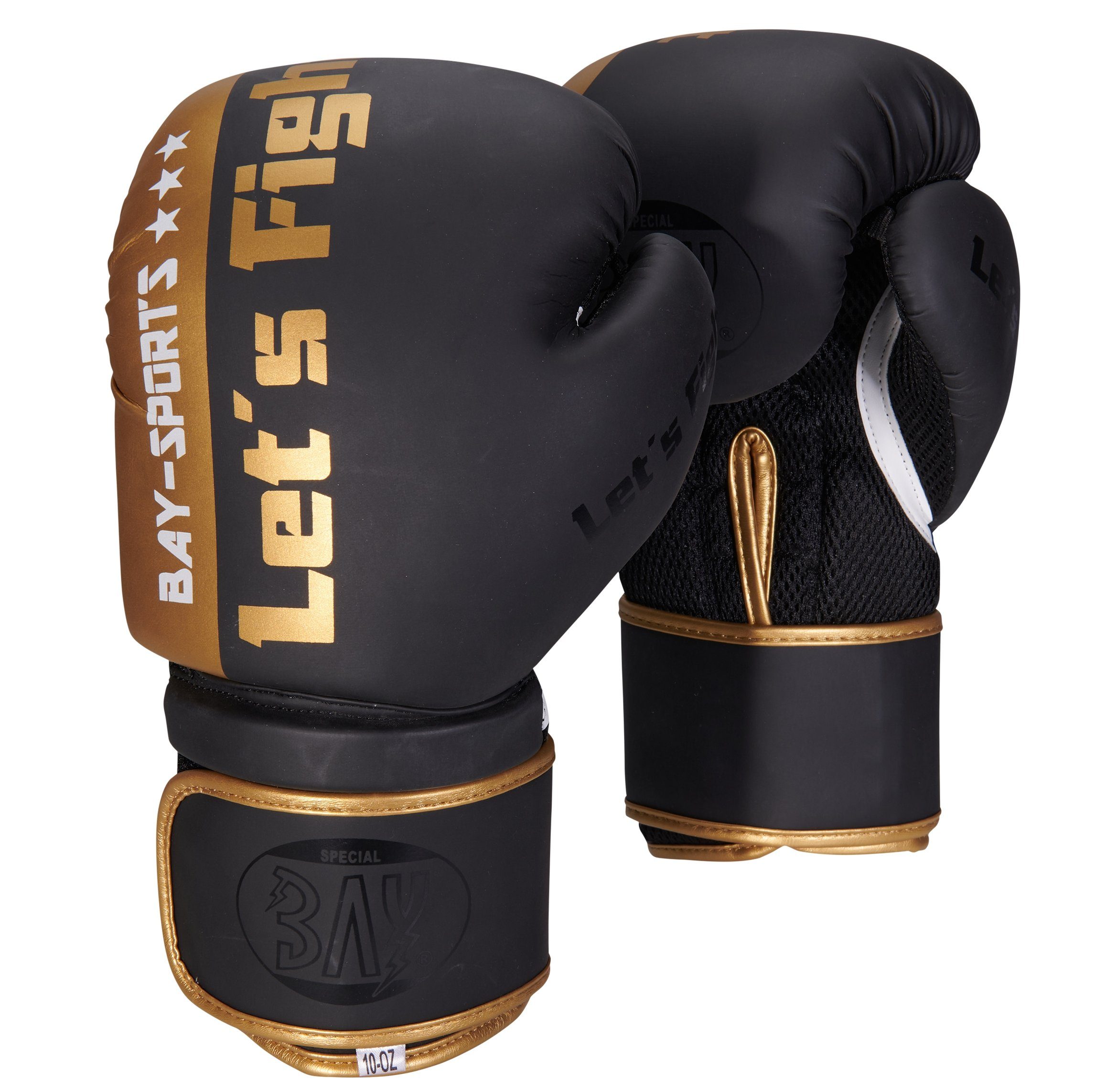 BAY-Sports Бокс-повязки Let´s Fight Box-Handschuhe gold Mesh Boxen Kickboxen Thaiboxen 8, 10 (Paar), Edle Kombination von matt und glänzend, Kinder/Erwachsene