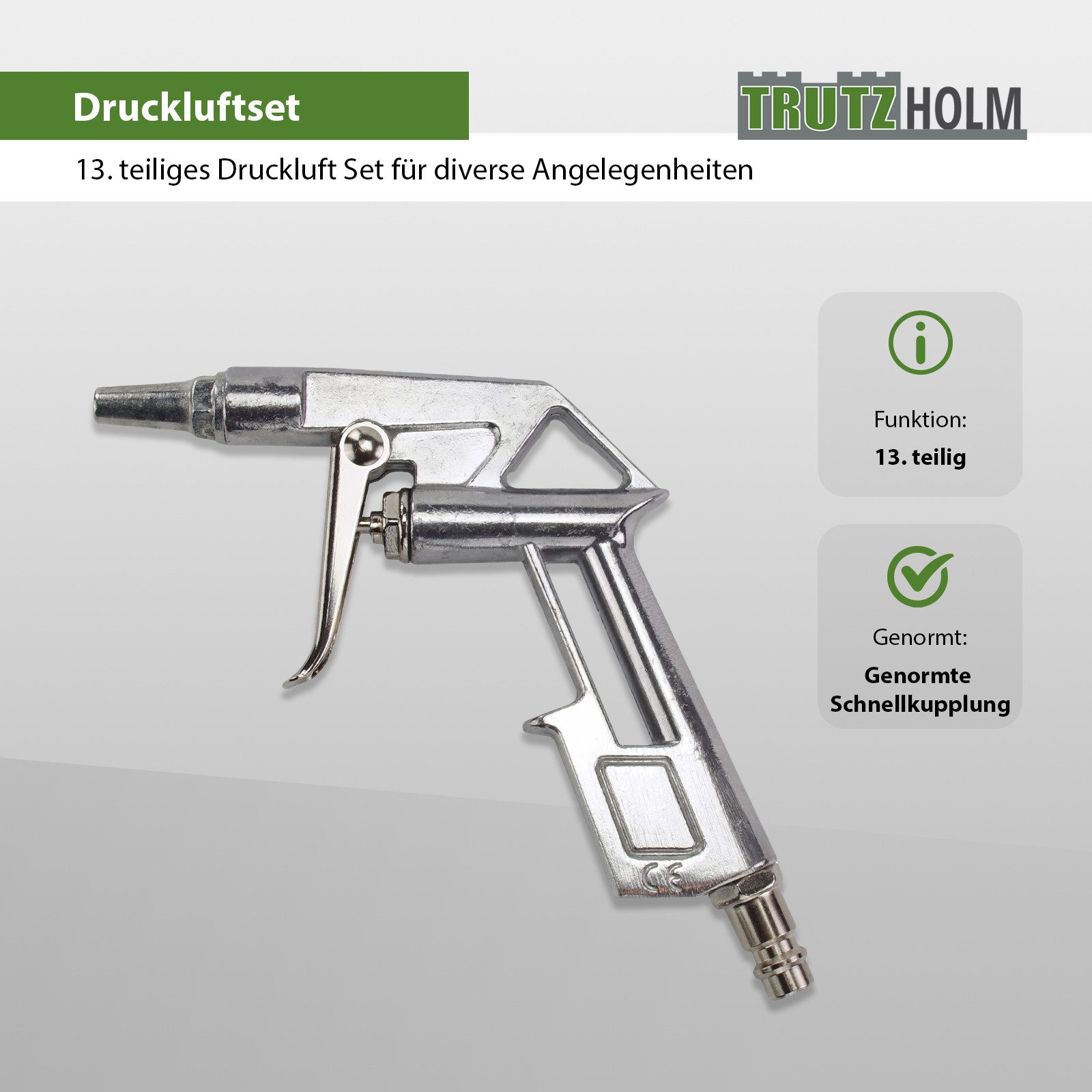 TRUTZHOLM Druckluftgeräte-Set Reifenfüller Ausblaspistole Farbspritzpistole 13 tlg. Druckluftzubehör, Set, 13-tlg., inkl. 5 Meter Spiralschlauch mit Knickschutz