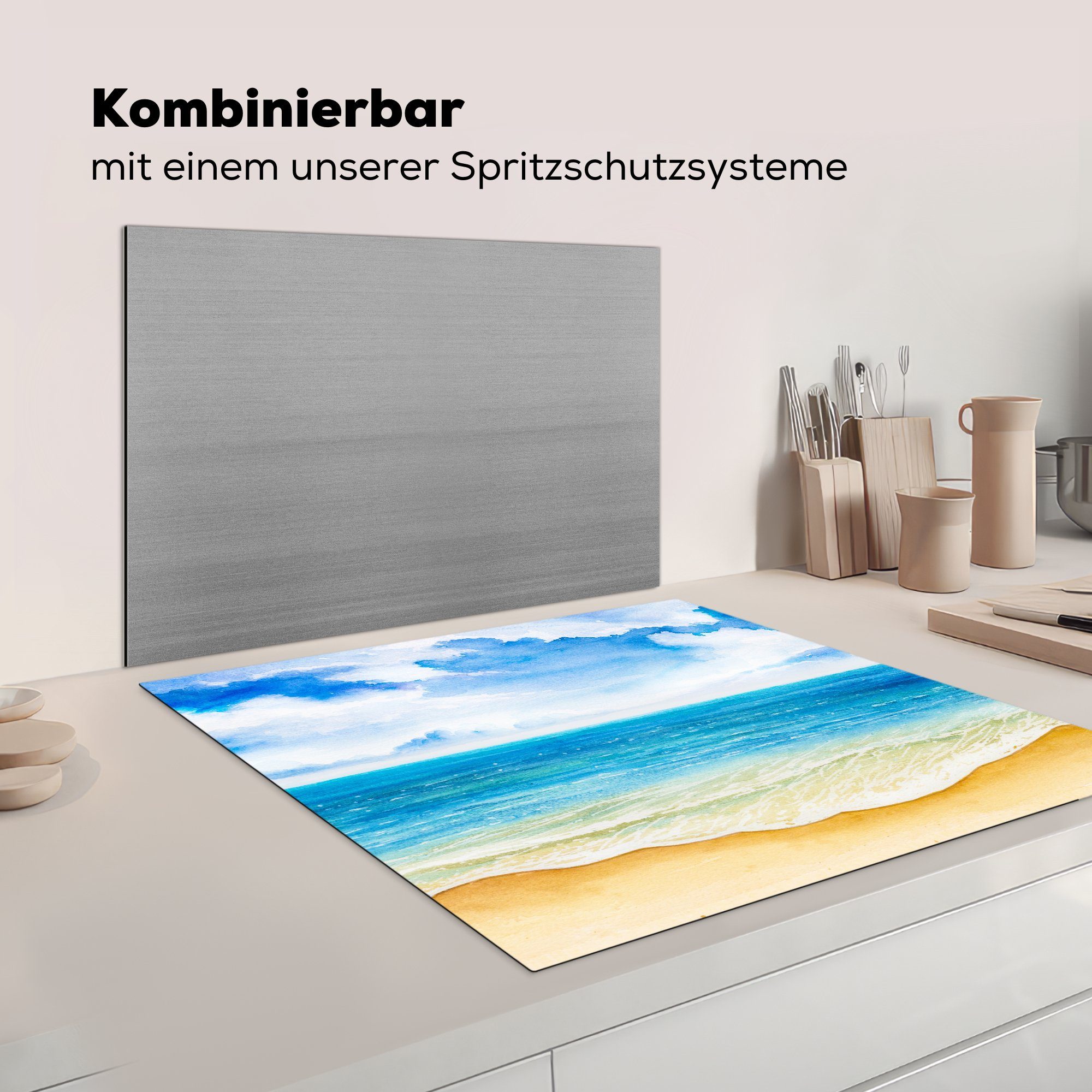 - für 78x78 Meer küche Ceranfeldabdeckung, Strand (1 - cm, tlg), Himmel, Herdblende-/Abdeckplatte Vinyl, MuchoWow Arbeitsplatte