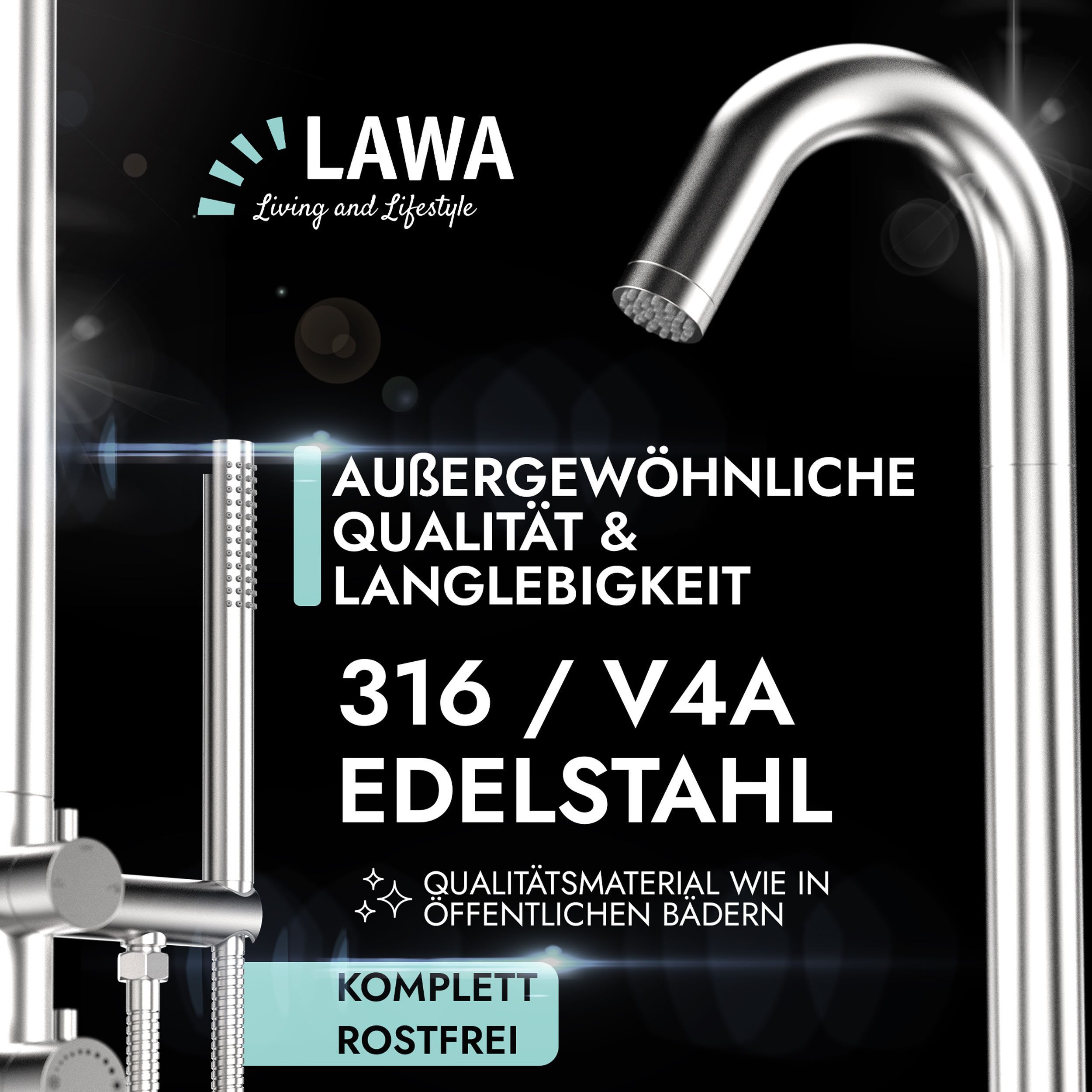 LAWA Living and Lifestyle Gartendusche V4A / AISI 316 Edelstahl Pool Außendusche warm I kalt mit Handbrause, rostbeständig, witterungsfest, restentleert = winterfest / frostsicher