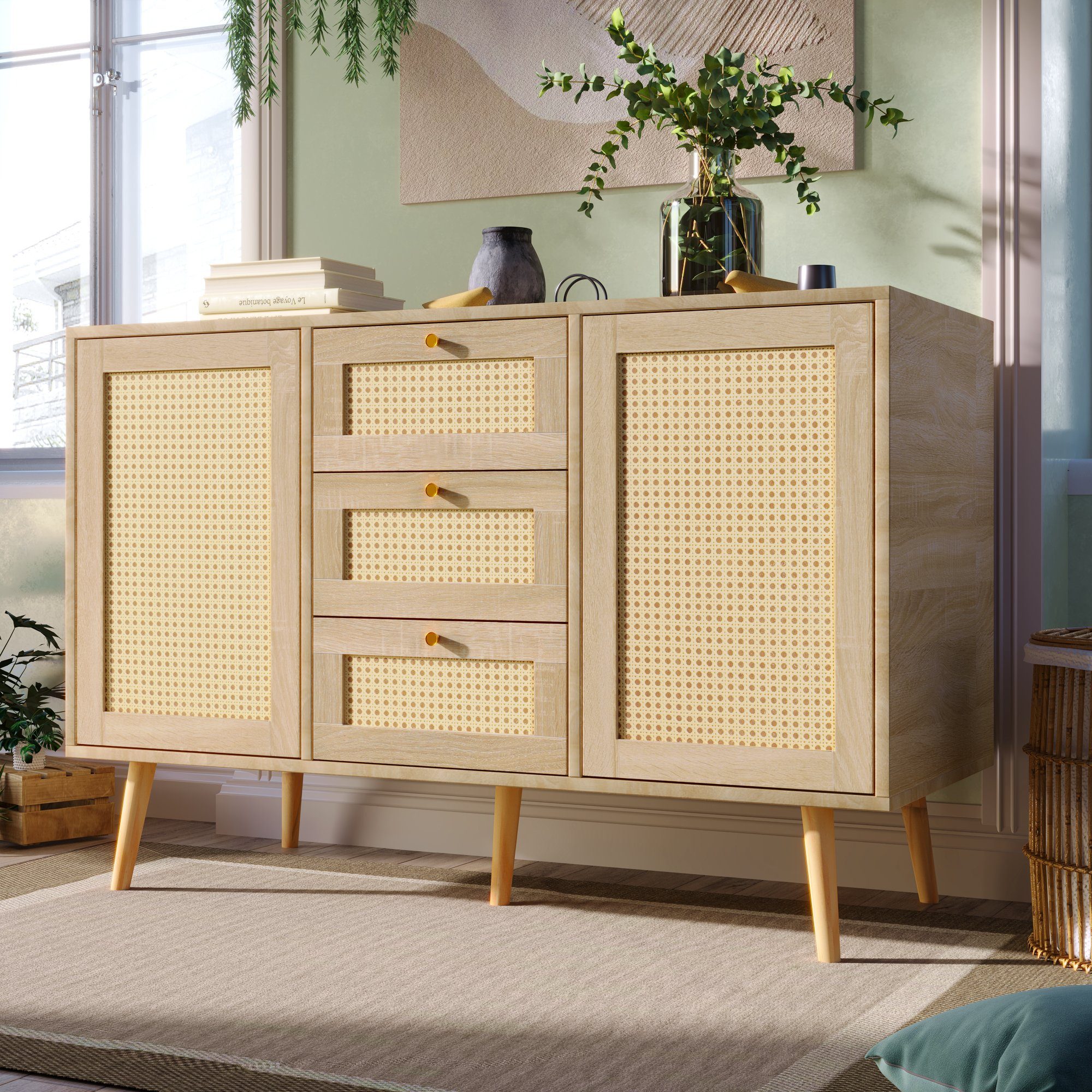 Merax Kommode mit 2 Türen und 3 Schubladen, Verstellbare Ablage, Sideboard aus Holz und Rattan, Lowboard, B/H/T: 120/82/40cm