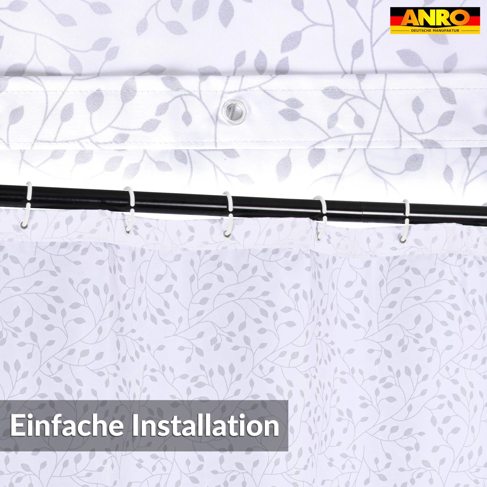 ANRO Duschvorhang FASTY Blätter Zweig Anti-Schimmel Polyester Badewanne Vorhang Breite 120 cm (Packung, 1-tlg., Duschvorhang inkl. Aufhängeringe), robuster Vorhang Stangenaufhängung 120x200cm Blätterornament Grau