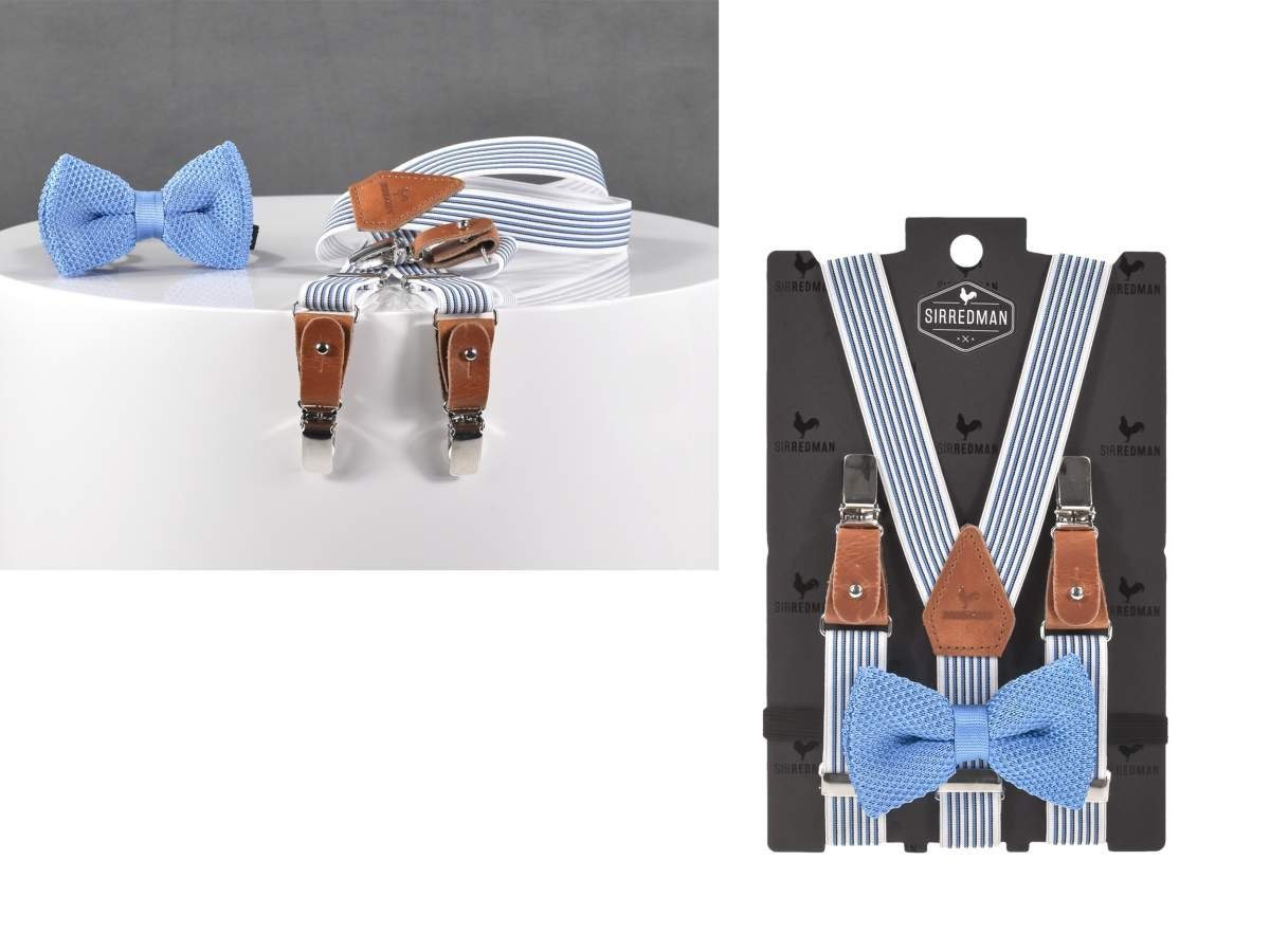 Sir Redman Hosenträger Kids Kinderhosenträger, Set, Fliege, mit Hosenclips, 80cm lang, blau weiß