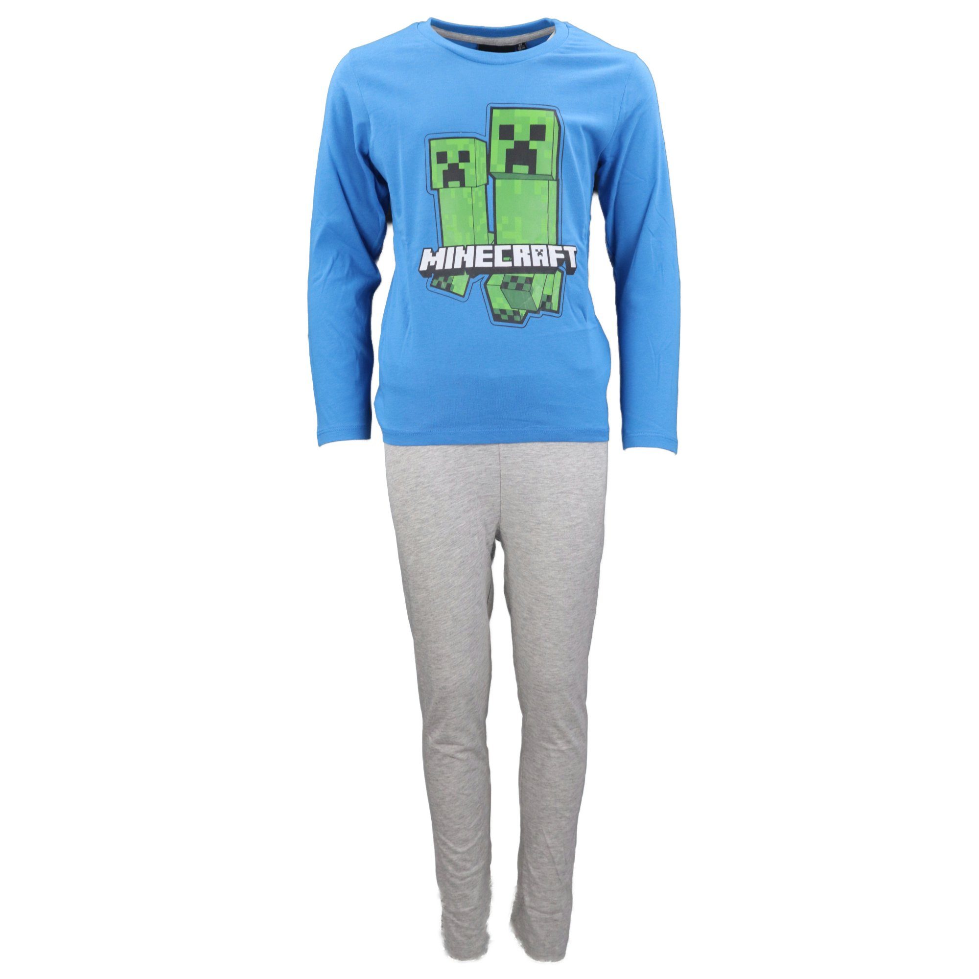 Minecraft Schlafanzug Minecraft Creeper Jungen Kinder Pyjama lang Gr. 116 bis 152, 100% Baumwolle Blau