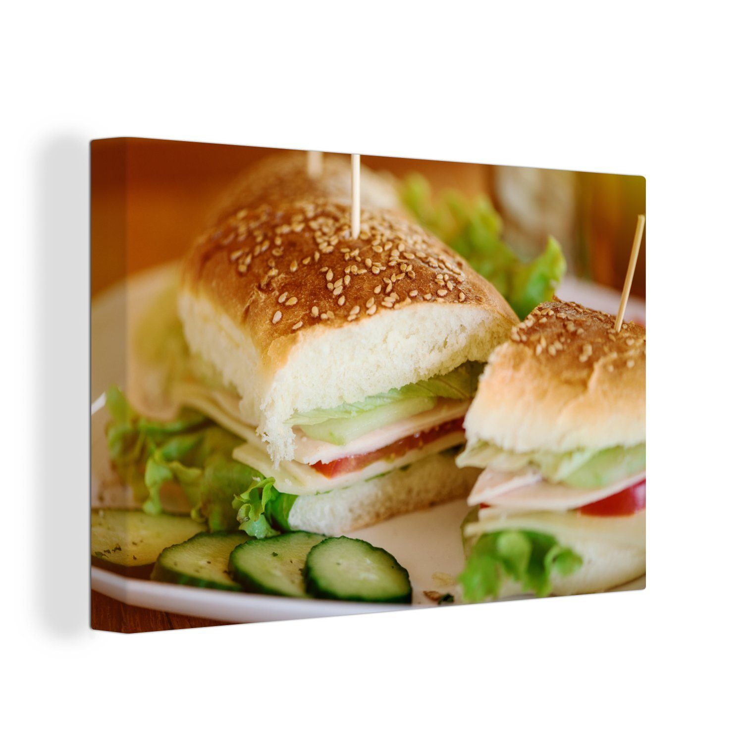 OneMillionCanvasses® Leinwandbild Mittagessen mit reichlich belegten Brötchen, (1 St), Wandbild Leinwandbilder, Aufhängefertig, Wanddeko, 30x20 cm