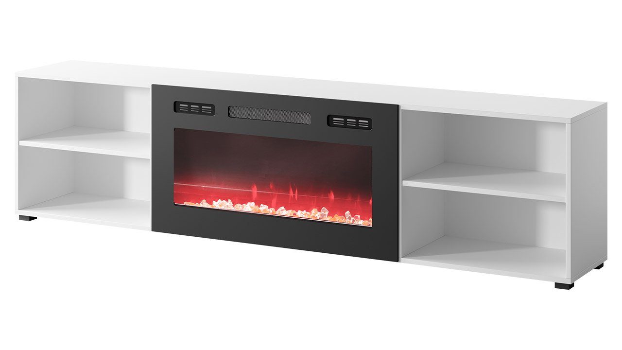 TV-Schrank 200x33x51 Gehärtetes Kamin) LED-Flamme, cm Polo + (mit Realistische 200 Weiß Schwarz Elektrische Glas, Hochglanz / Weiß Mirjan24