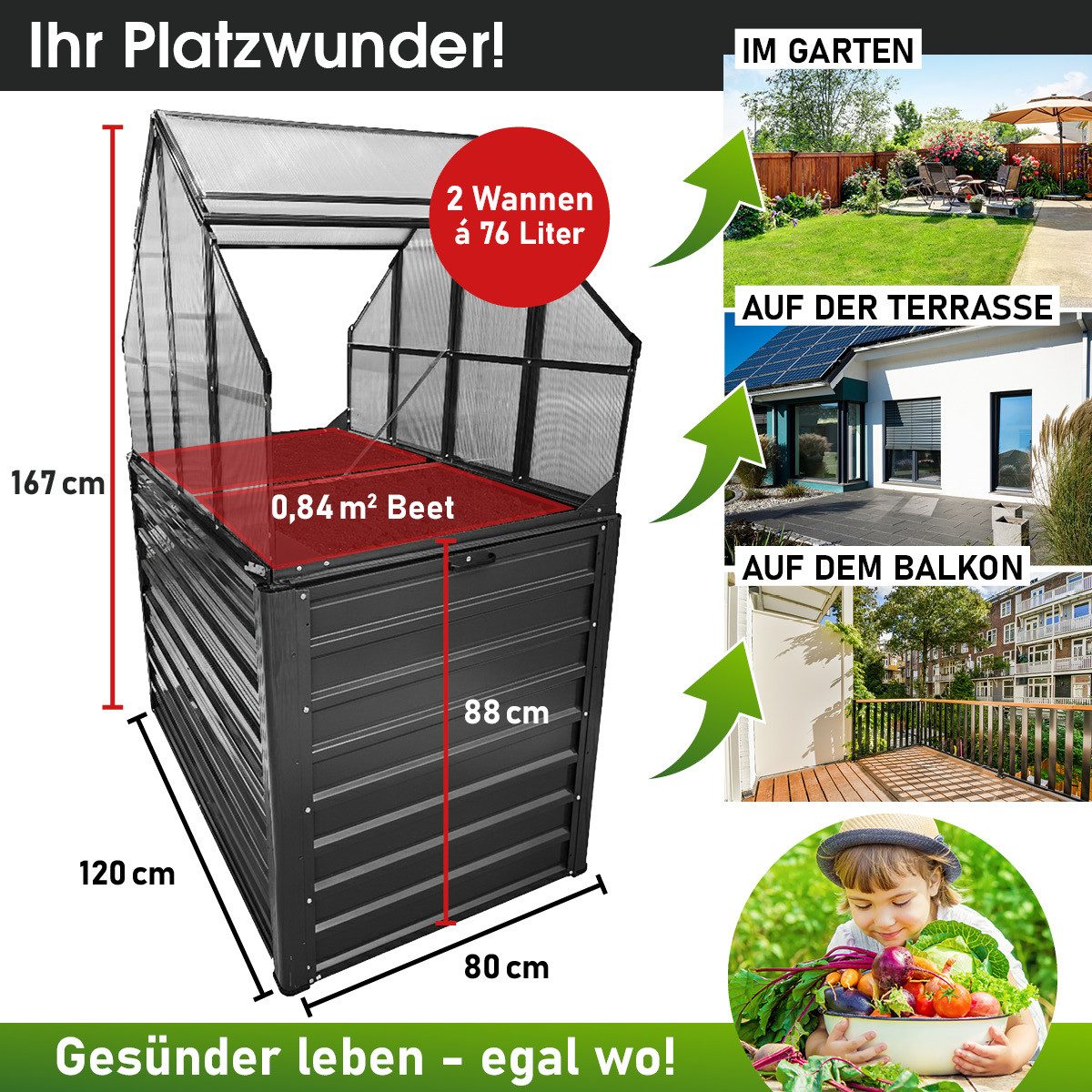 BRAST Hochbeet 2in1 mit Alu Gewächshaus-Aufsatz, 2 Größen zur Auswahl (120x80x167cm, Integriertes Drainage-System, 4mm Hohlkammerplatten, 2 Pflanzwannen), Pflanzbeet für Balkon Terrasse & Garten