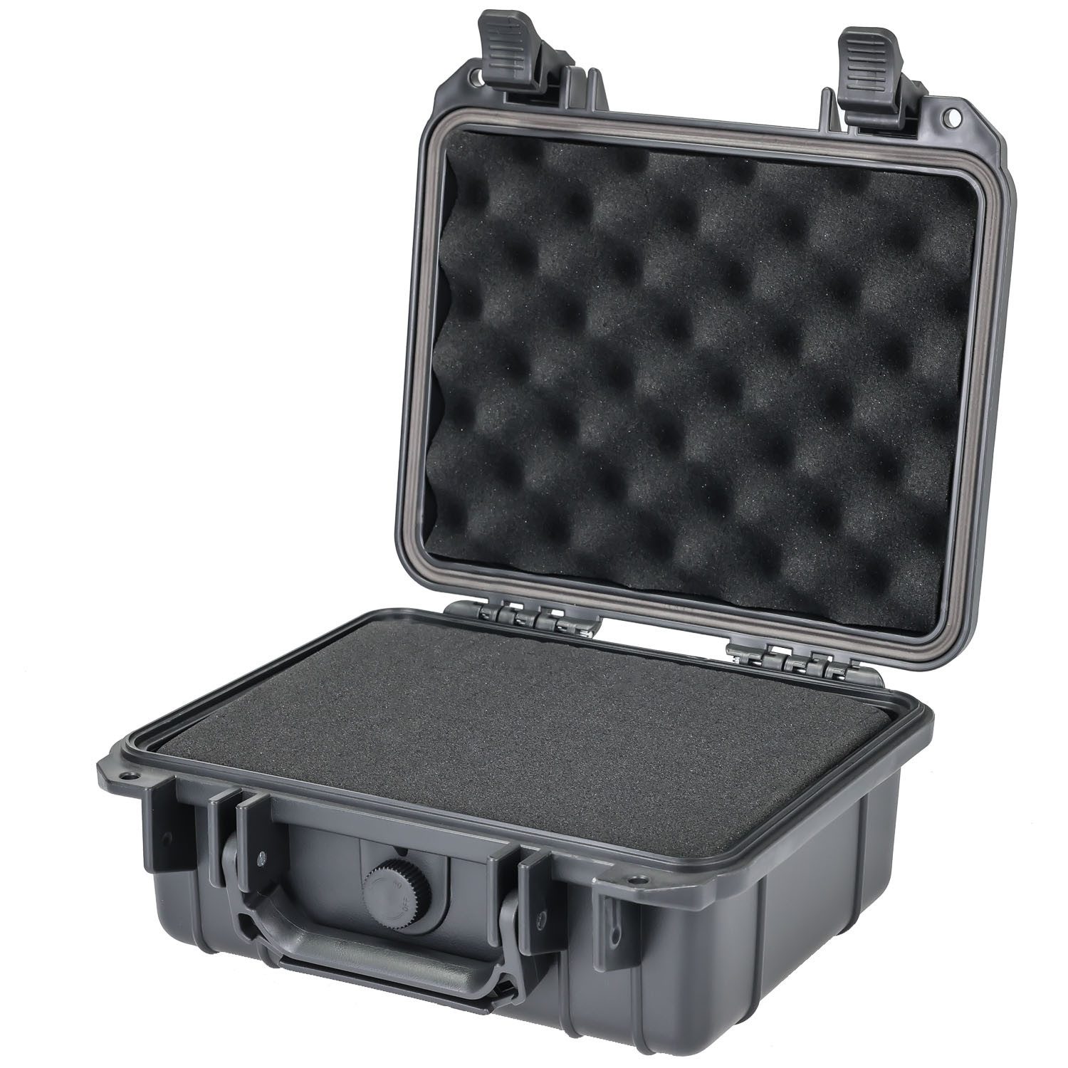 HMF Werkzeugkoffer Robuster Outdoorkoffer mit Druckausgleichsventil und Rasterschaumstoff, Outdoor-Koffer wasserdicht und staubdicht, 27 x 24,5 x 13 cm, schwarz