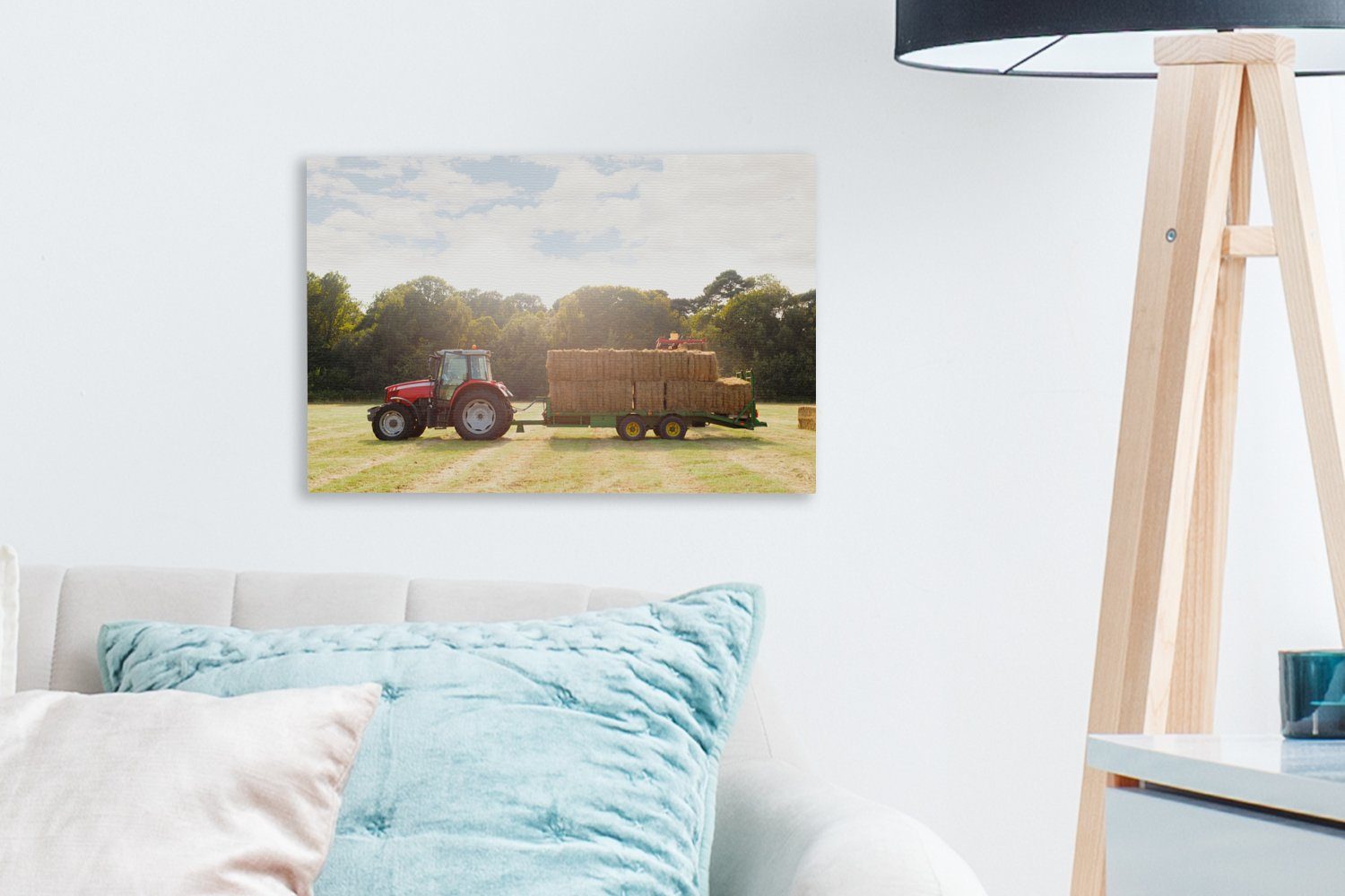 OneMillionCanvasses® Leinwandbild Traktor - Aufhängefertig, (1 cm Leinwandbilder, Anhänger Wandbild Heu, Wanddeko, 30x20 - St)