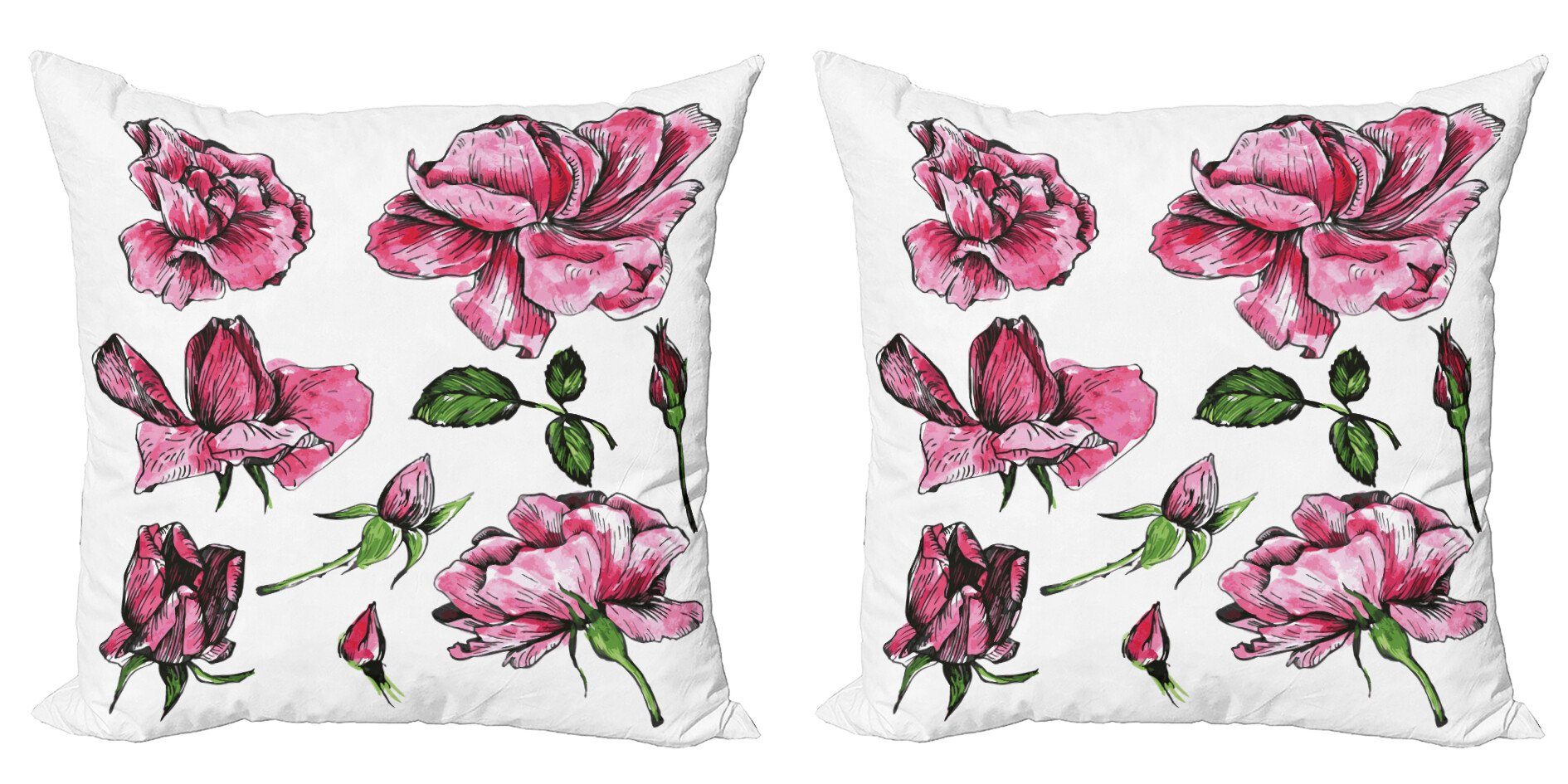Kissenbezüge Modern Accent Doppelseitiger Digitaldruck, Abakuhaus (2 Stück), rosa-Grün Garten-Blumen-Rosen-Knospen | Kissenbezüge