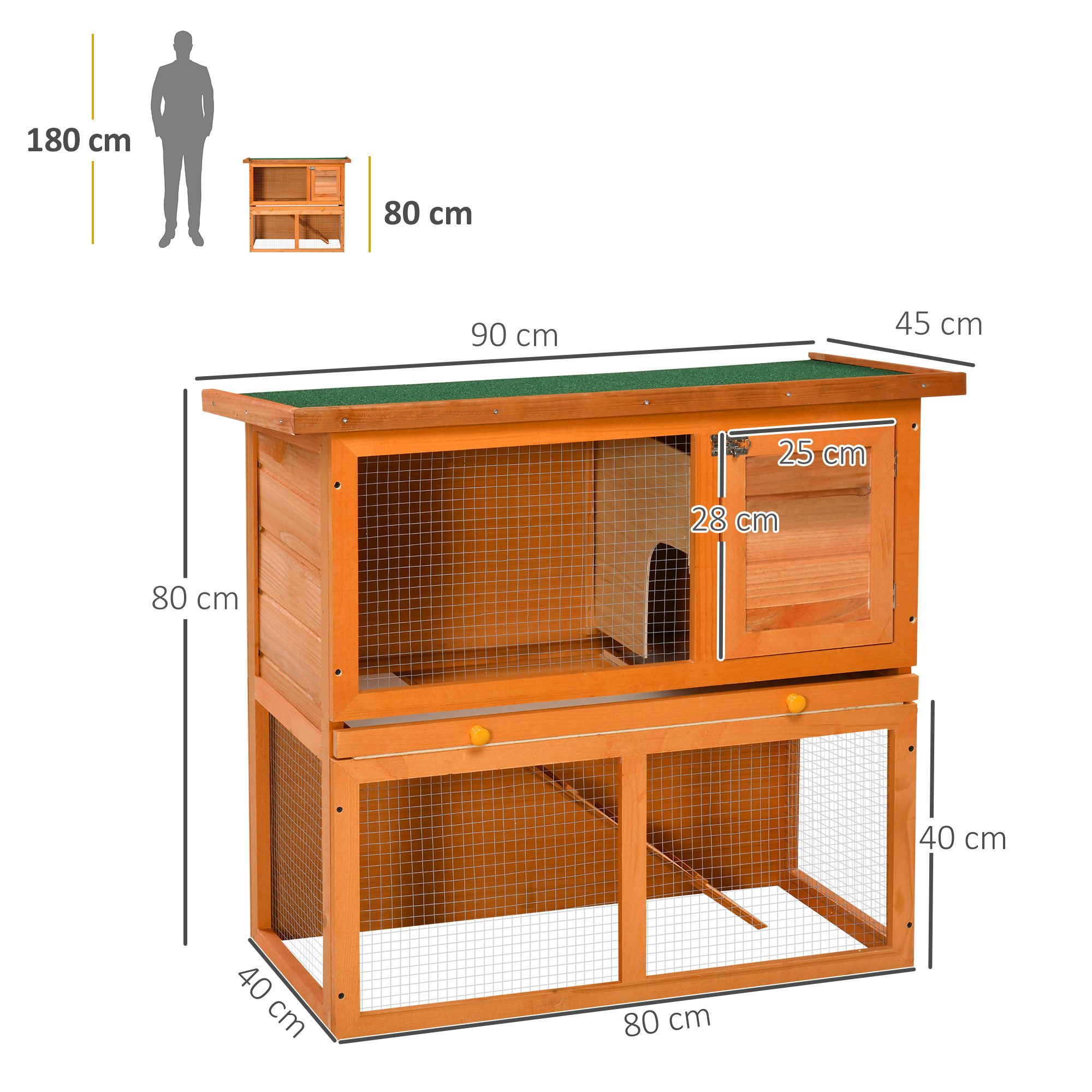 PawHut Kleintierstall Hasenstall 2 Etagen Kaninchenkäfig wetterfest aufklappbar, für Zwergkaninchen Outdoor Orange