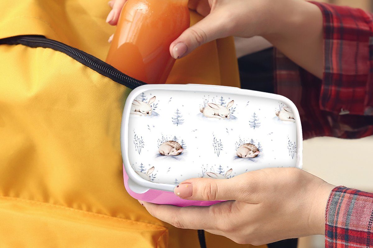 Lunchbox Brotdose Winter Hasen Rehe, Brotbox Kunststoff - Kunststoff, für Erwachsene, MuchoWow Kinder, - Mädchen, (2-tlg), rosa Snackbox,