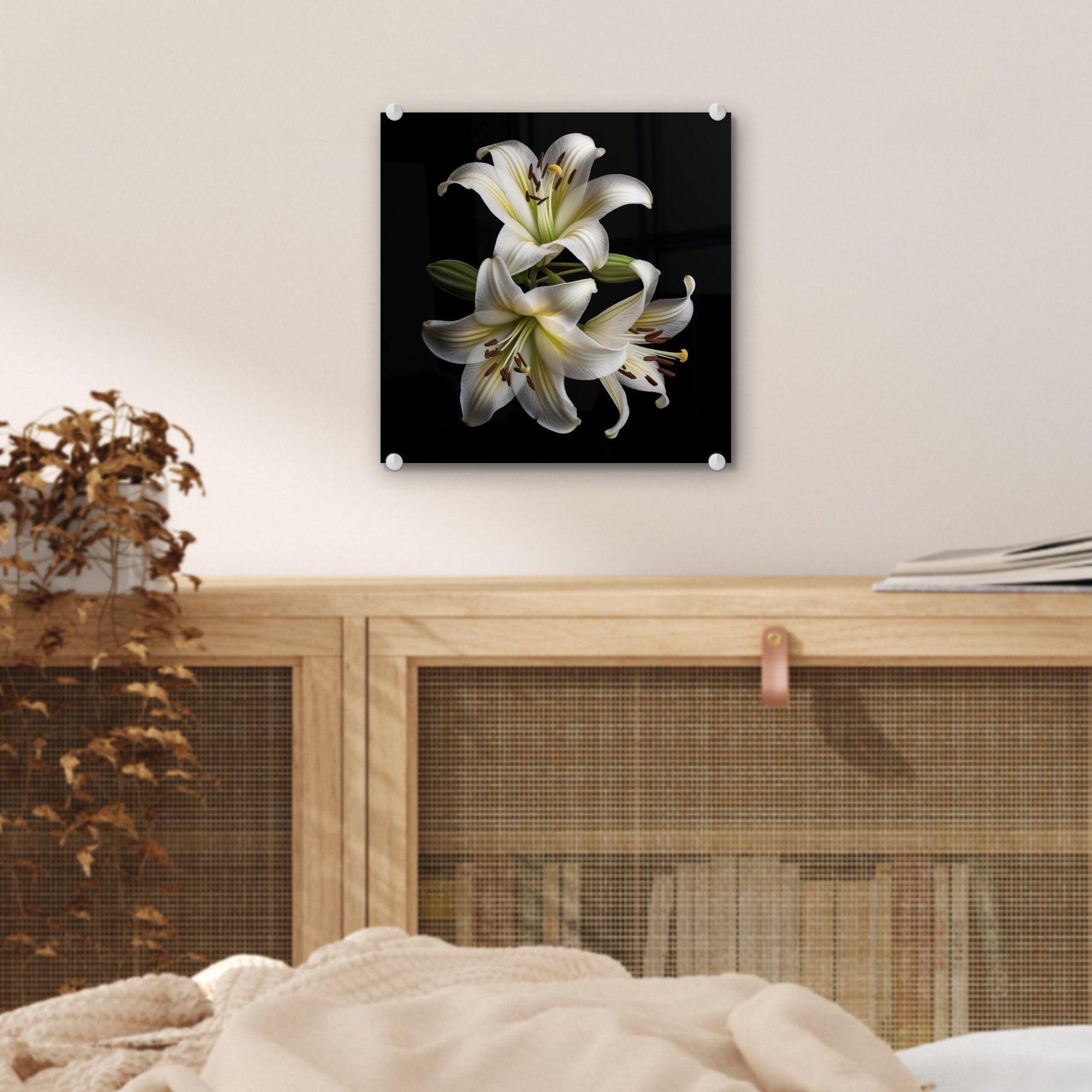 MuchoWow Acrylglasbild Lilie - - (1 - Blumen auf Natur Glas Weiß - Foto auf St), Wandbild Glasbilder Botanisch, Glas Bilder - - - Wanddekoration