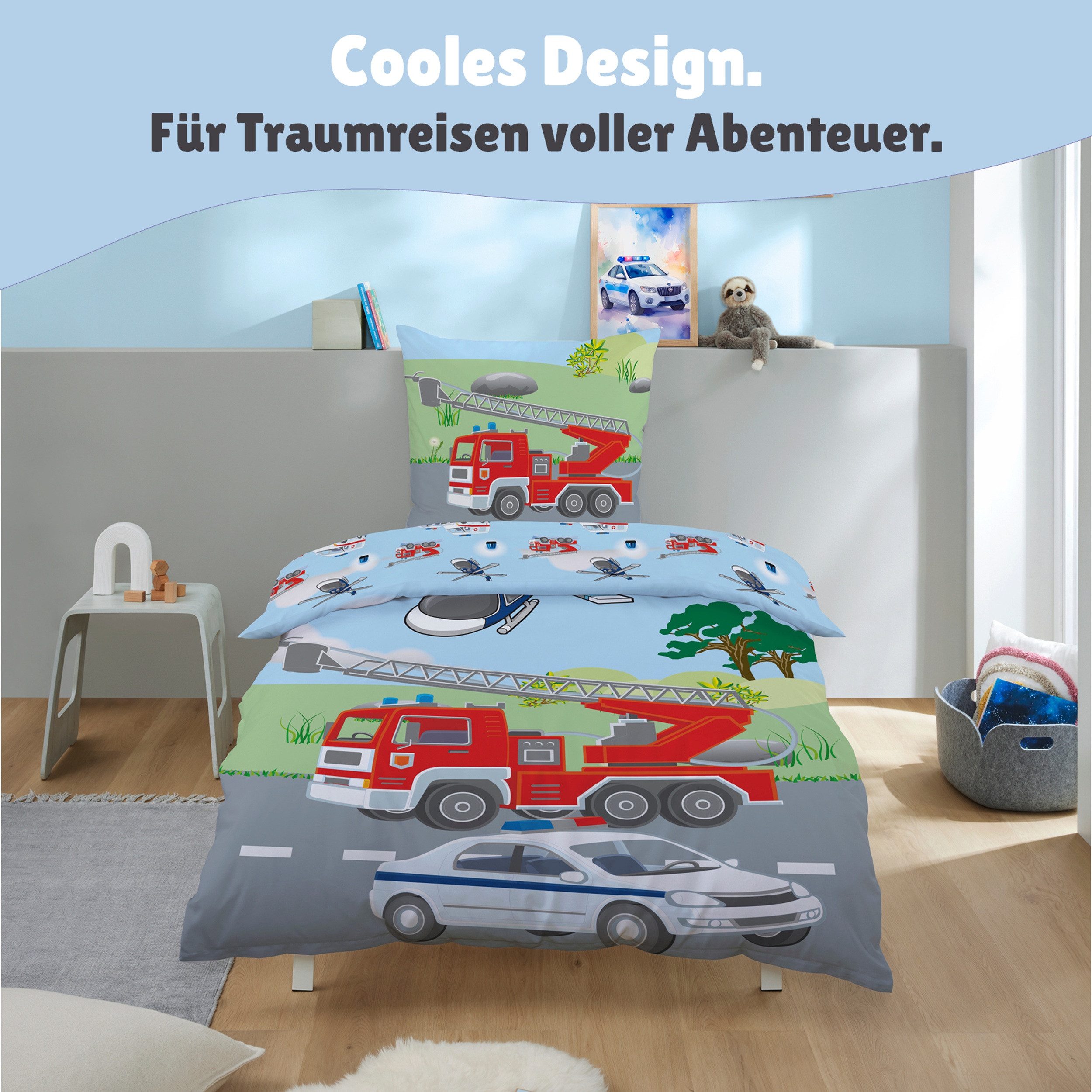 Familando Kinderbettwäsche Polizei & Feuerwehr, 135x200 80x80 cm, 100% Baumwolle, Reißverschluss, Renforcé, 2 teilig, mit Wendeseite und 2. Motiv auf Kopfkissen – Bild 4 von 5