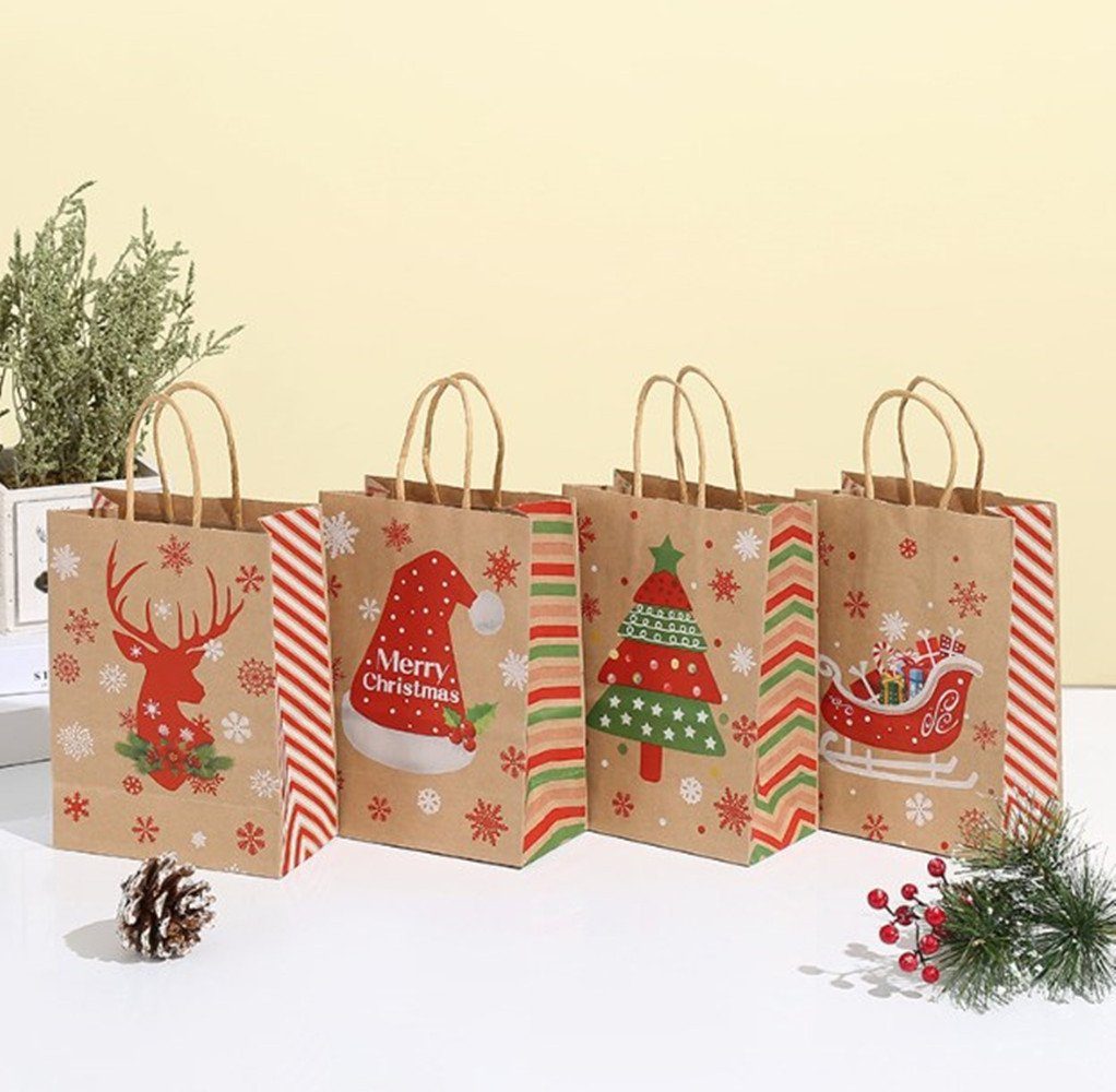 XDeer Geschenkpapier 4 Stk Geschenktüten Weihnachten,Kraftpapier Weihnachtstüten Set, Geschenkverpackung Papier Tüten mit Henkel, Wiederverwendbar