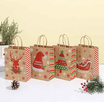 XDeer Geschenkpapier 4 Stk Geschenktüten Weihnachten,Kraftpapier Weihnachtstüten Set, Geschenkverpackung Papier Tüten mit Henkel, Wiederverwendbar