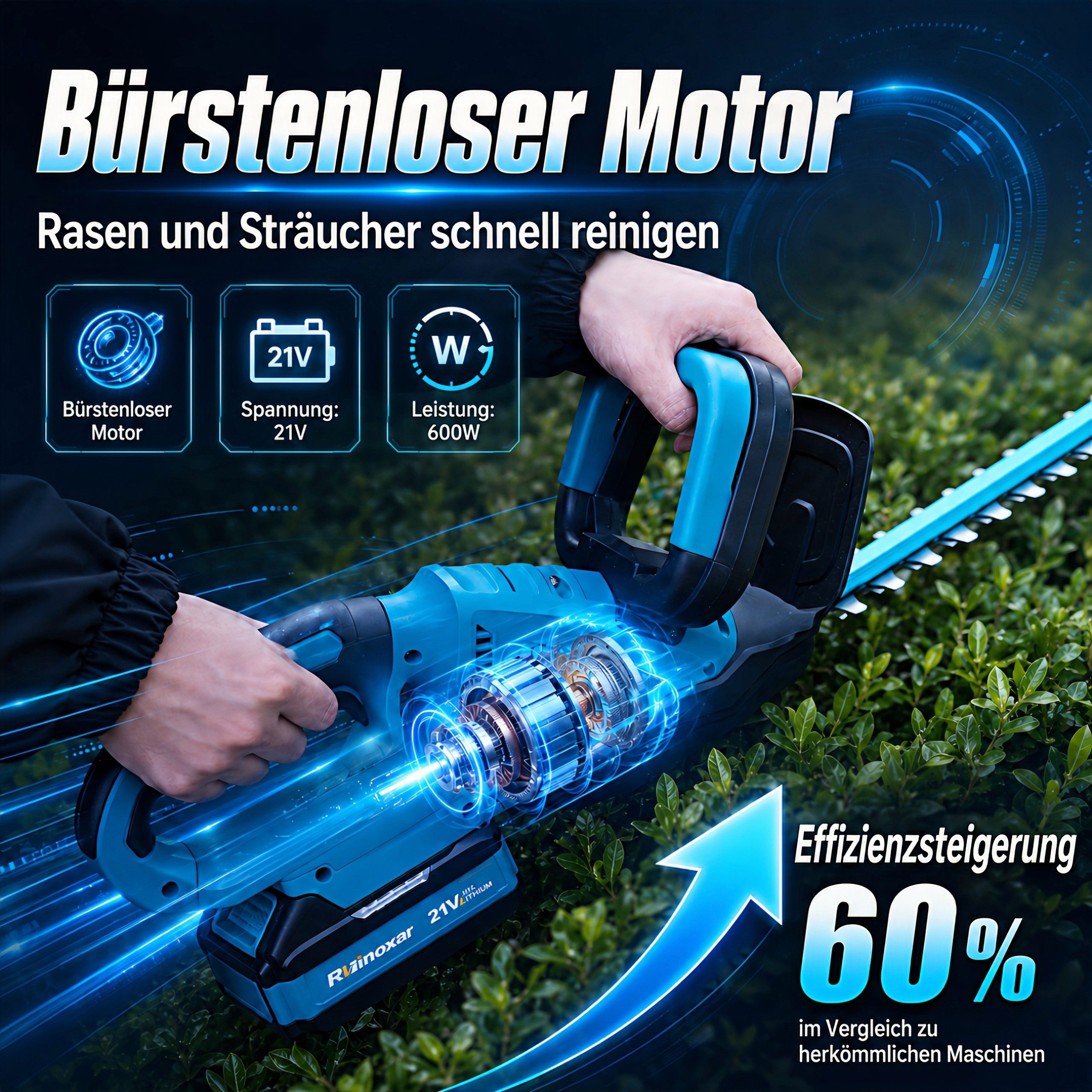 Rinoxar Akku-Heckenschere Akku Heckenschere 21V mit 8000mAh Akku, 600W Bürstenlosem Motor, 52cm Lange Astschere Grasschere für Garten, Sträucher und Randpflanzen