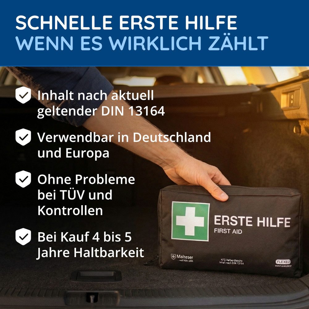 FLEXEO KFZ-Verbandtasche DIN 13164:2022, (1 St), Erste-Hilfe-Set für Autos, PKWs