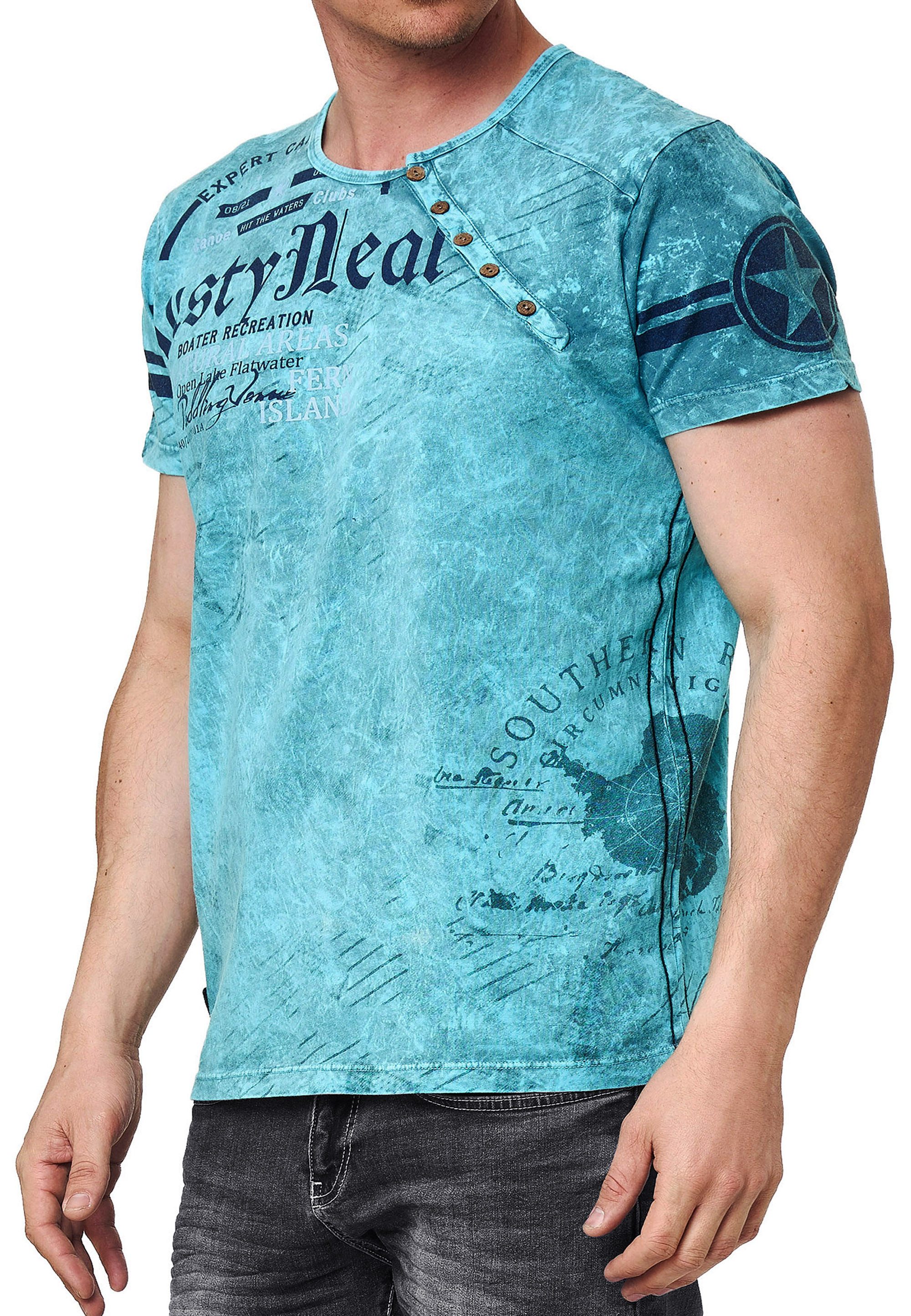 T-Shirt T-Shirt Regular Original College Shirt Knopfleiste Print Verwaschen
