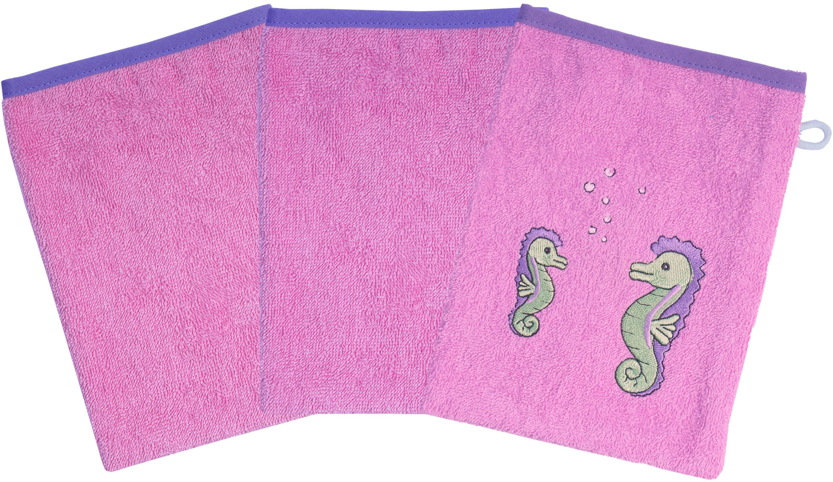 Wörner Waschhandschuh Seepferdchen, (Set, 3-St), 3er-Set, mit Stickerei