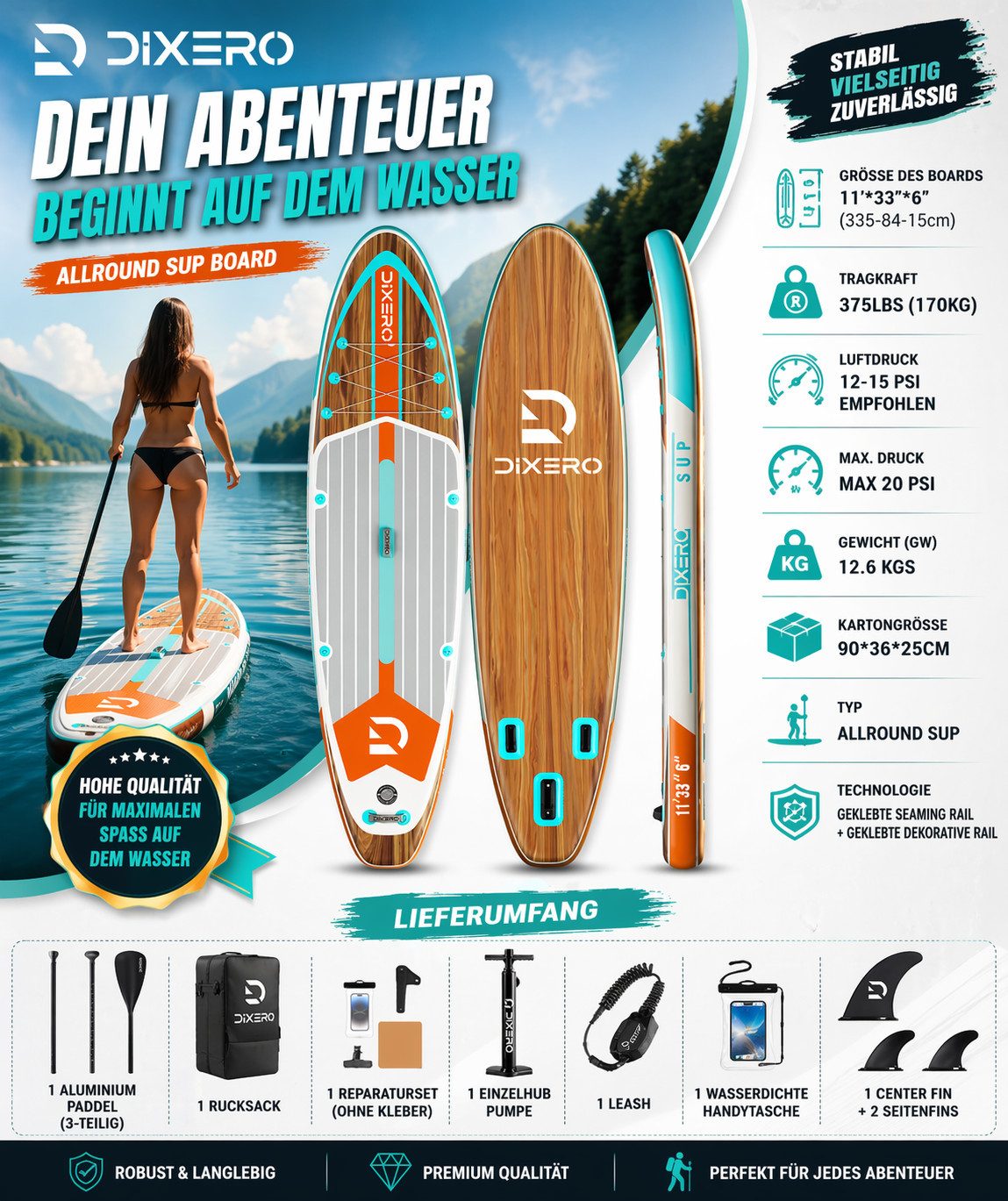 COIL SUP-Board Aufblasbares SUP Board Set – Stand Up Komplettset, (Set, mit Paddel, mit Pumpe), wasserdichte Handytasche, Stabil, Leicht, Zubehör – Bild 2 von 5