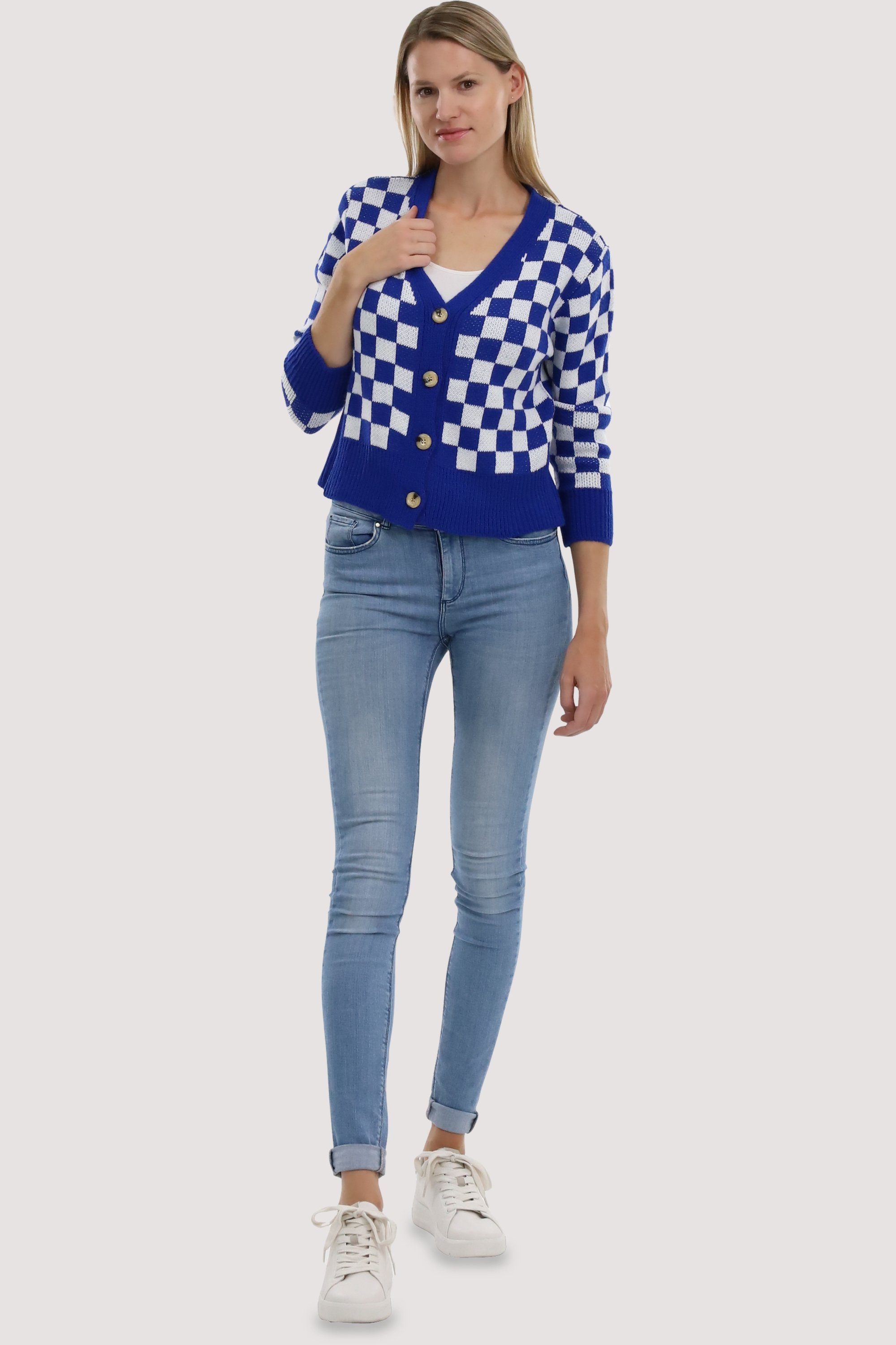 kurze more malito fashion knöpfbare than Cardigan 3155 royalblau im Karodesign Strickjacke